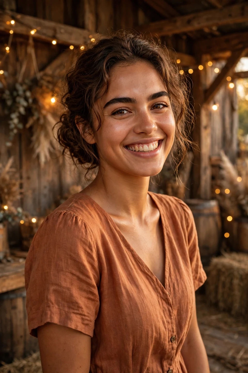 Young woman with a textured low bun and face-framing tendrils at a rustic wedding, wearing a terracotta dress.