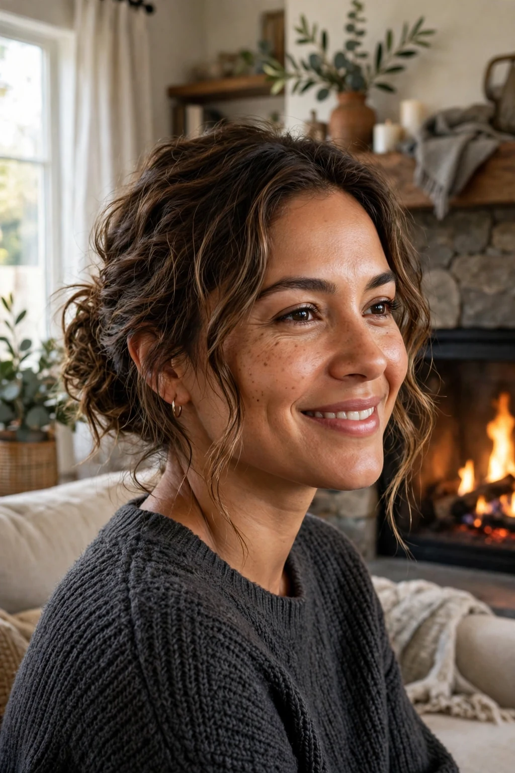 Young woman with a textured low bun hairstyle beside a fireplace.