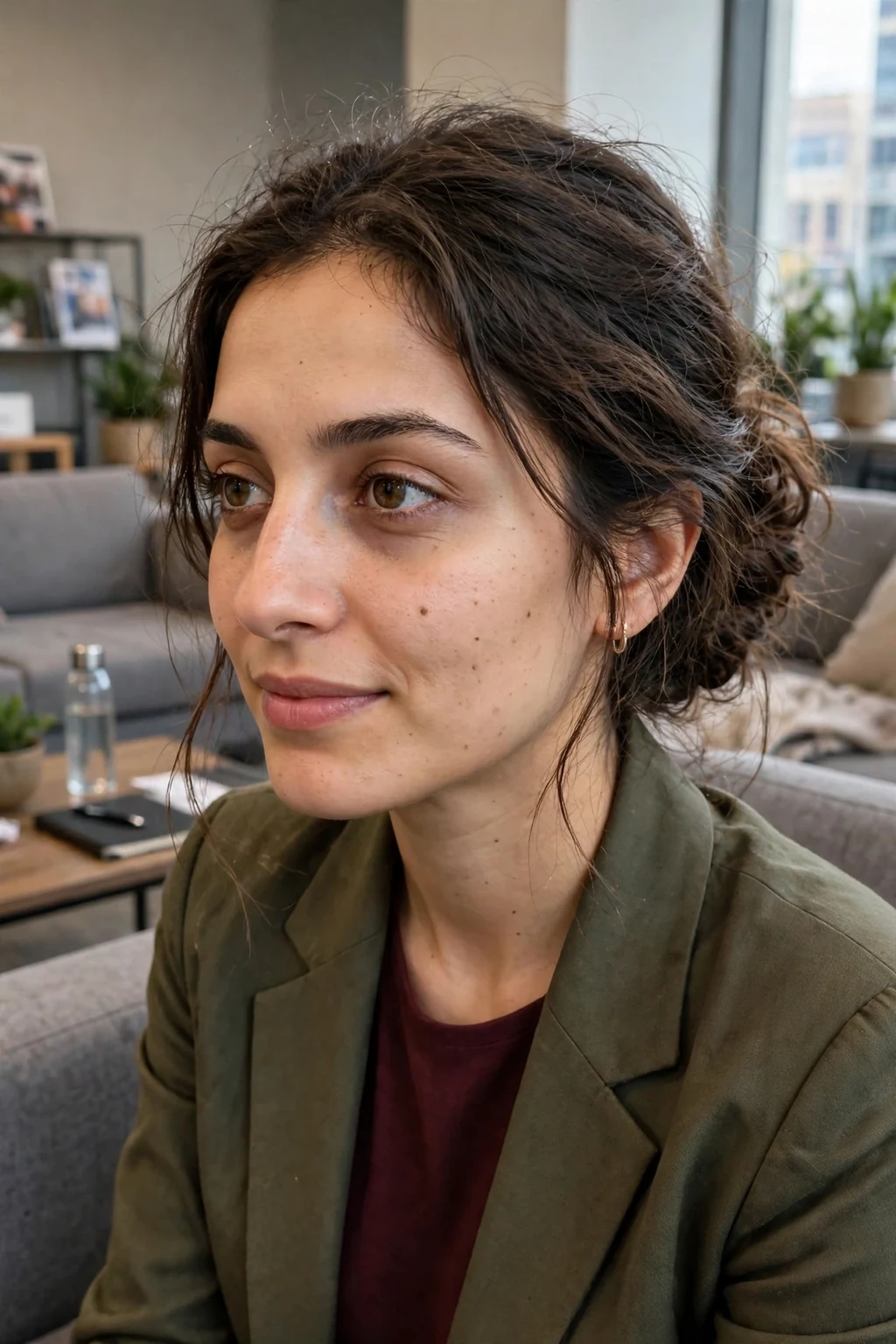 Young professional woman with a textured low chignon hairstyle, wearing professional attire in an office setting.