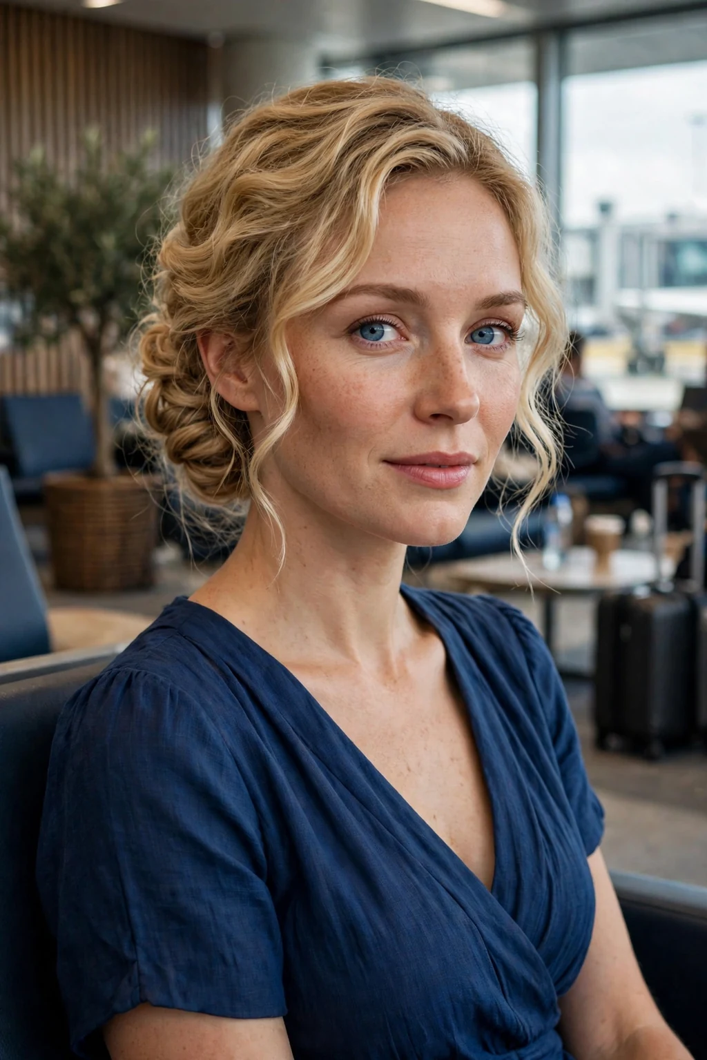 Young woman with a textured low chignon hairstyle in an airport lounge, wearing a deep blue dress.