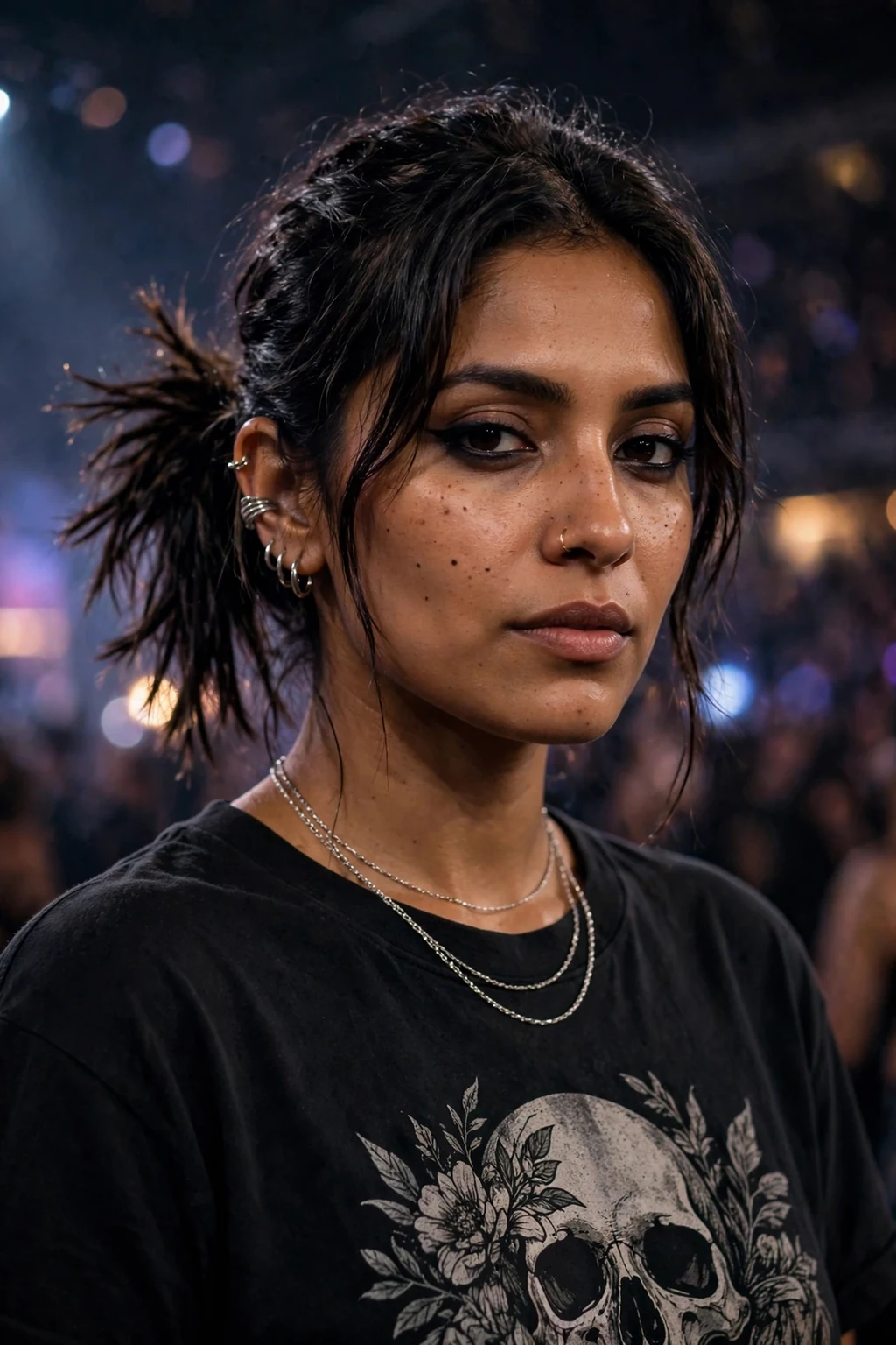 Beautiful woman with low pony with textured ends, piecey textured low pony, edgy light.