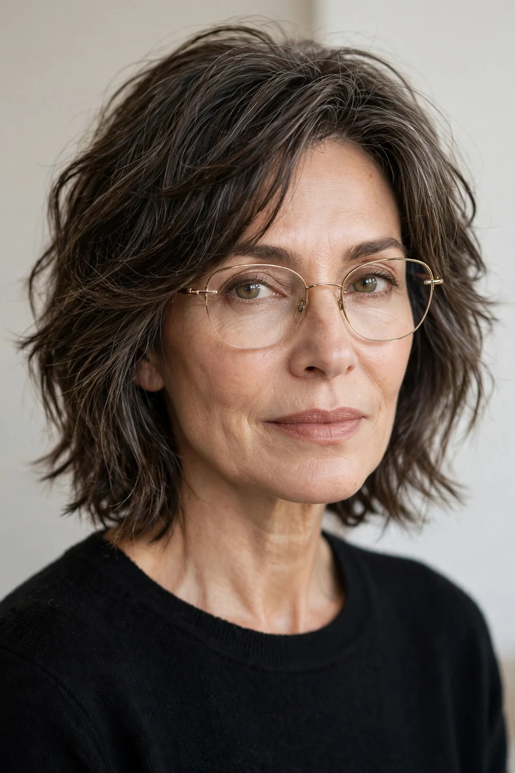 Elegant woman over 50 with glasses and textured medium cut, modern piece-y layers, natural light.