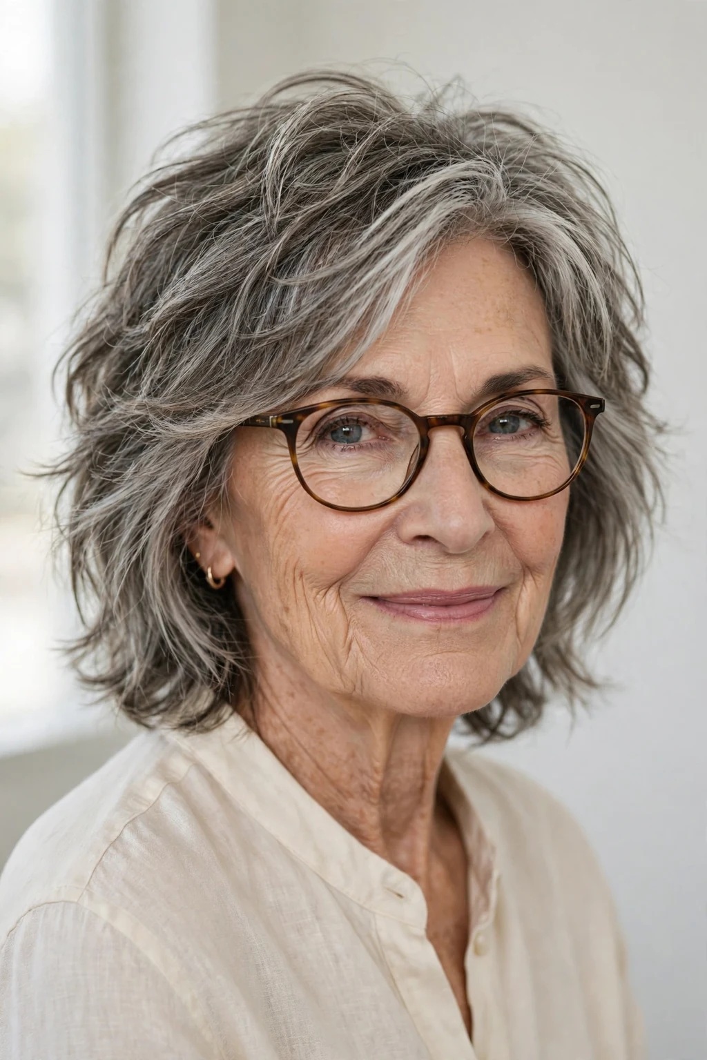 Elegant woman over 70 with glasses and textured medium cut, modern piece-y layers, natural light.