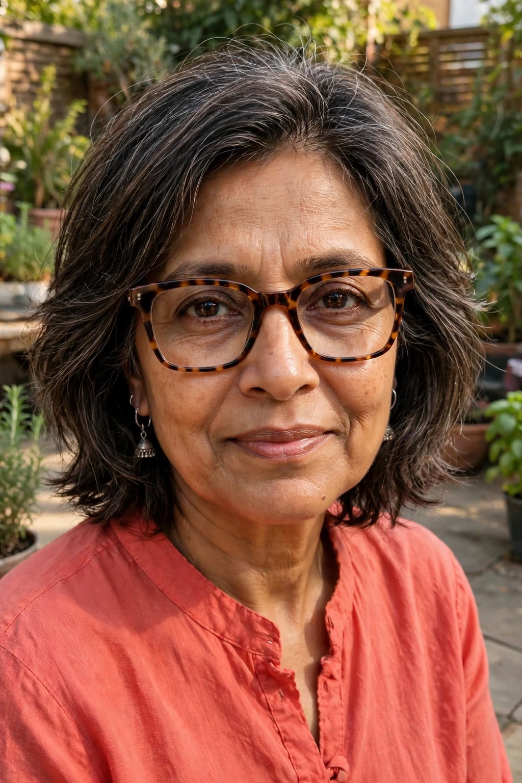 Elegant older woman over 50 with fine hair and glasses and textured medium cut, modern piece-y layers, natural light.