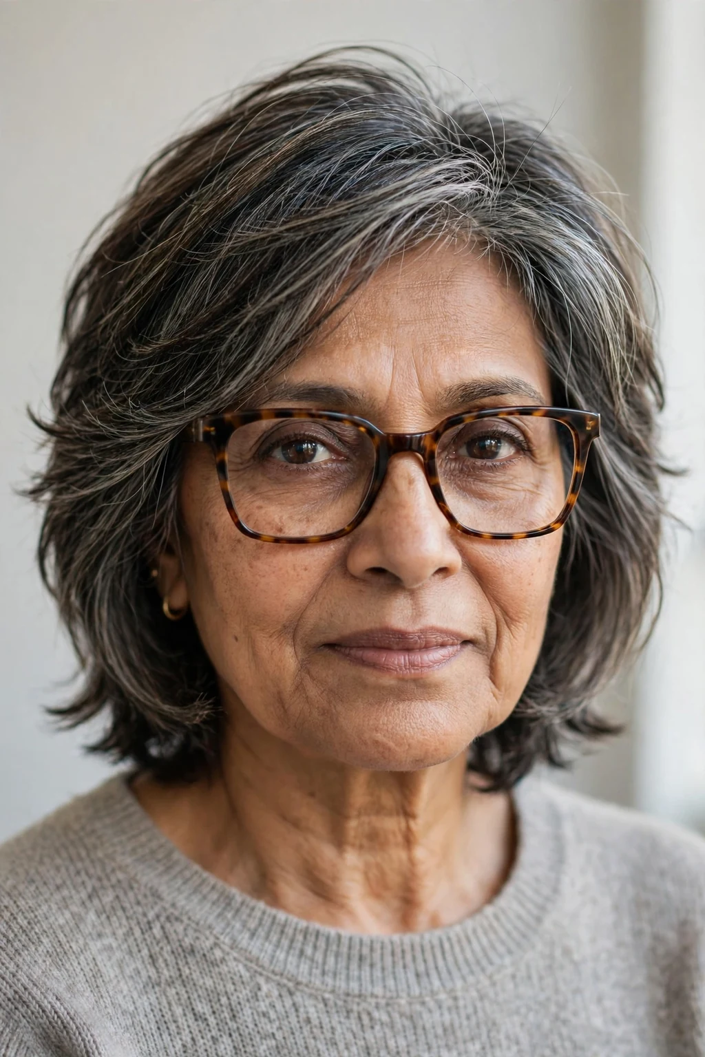 Elegant woman over 60 with fine hair and glasses and textured medium cut, modern piece-y layers, natural light.