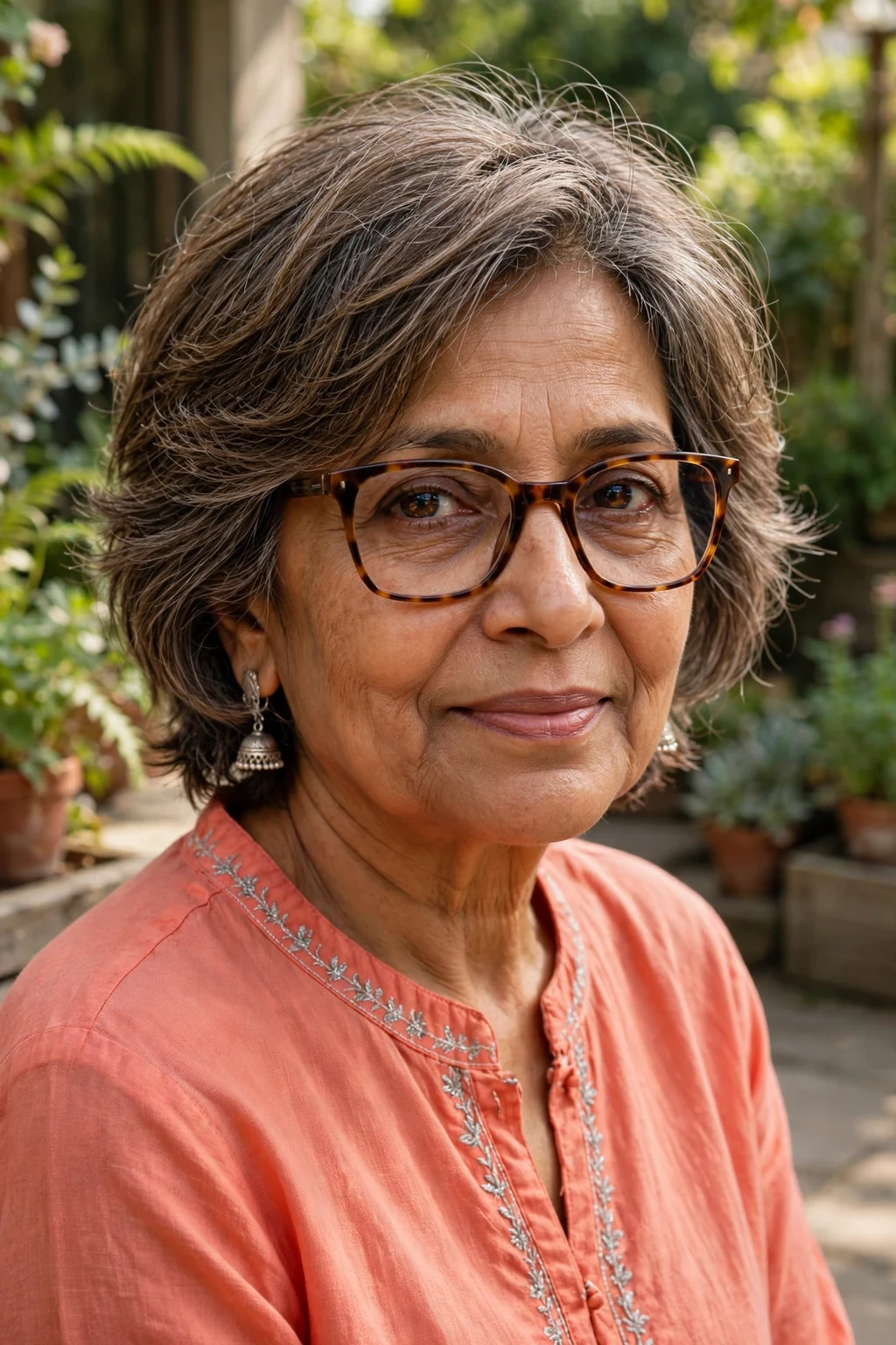 Elegant woman over 60 with fine hair and glasses and textured medium cut, modern piece-y layers, natural light.