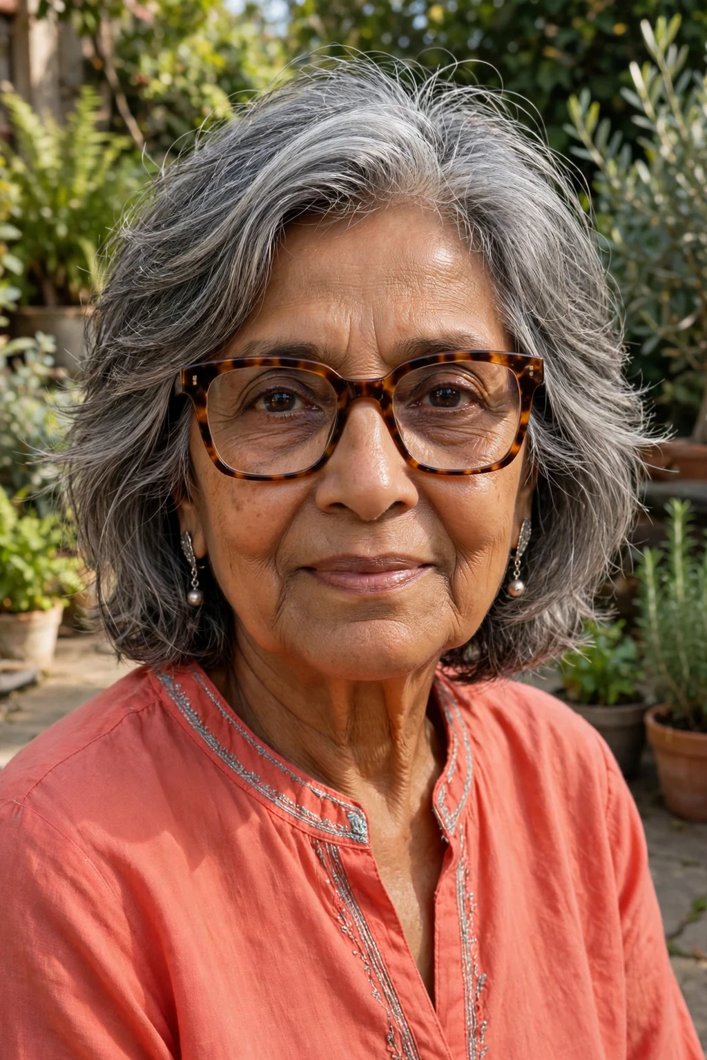 Elegant older woman over 70 with fine hair and glasses and textured medium cut, modern piece-y layers, natural light.