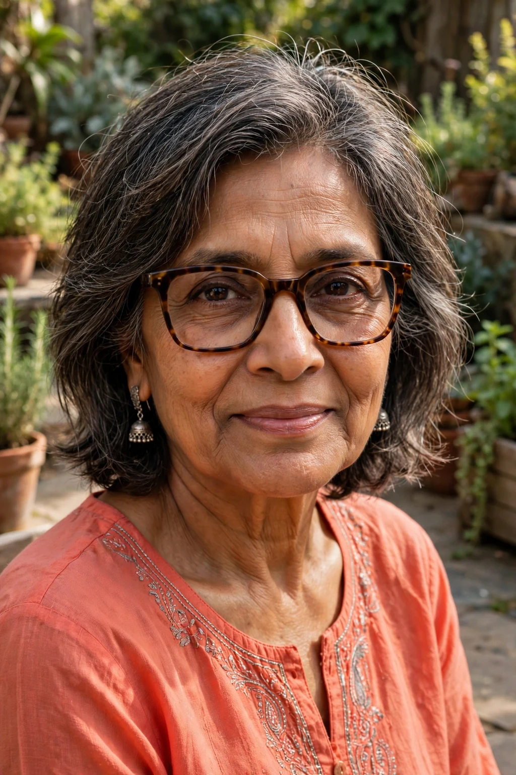 Elegant woman over 60 with fine hair and glasses and textured medium cut, modern piece-y layers, natural light.