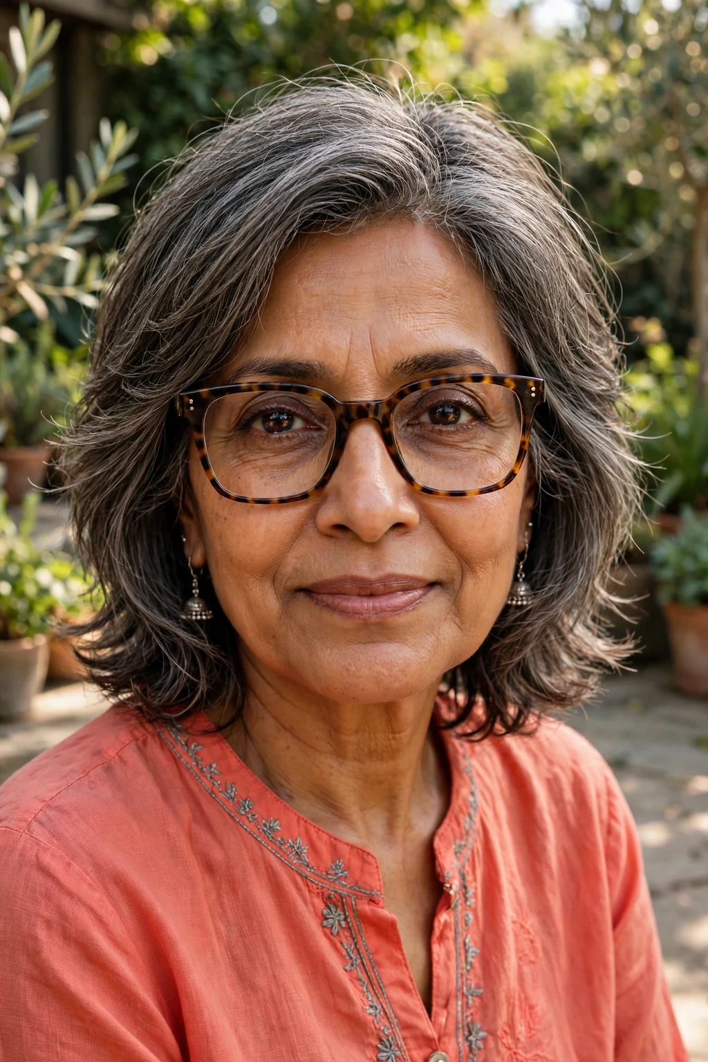 Elegant woman over 60 with fine hair and glasses and textured medium cut, modern piece-y layers, natural light.