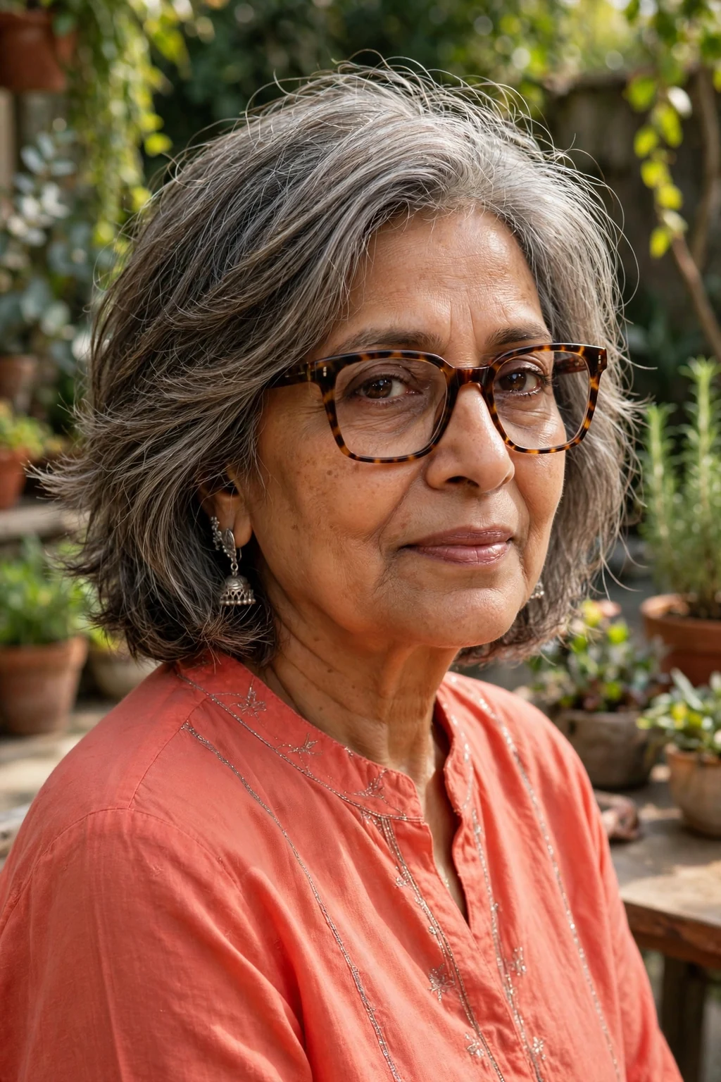 Elegant older woman with fine hair and glasses and textured medium cut, modern piece-y layers, natural light.