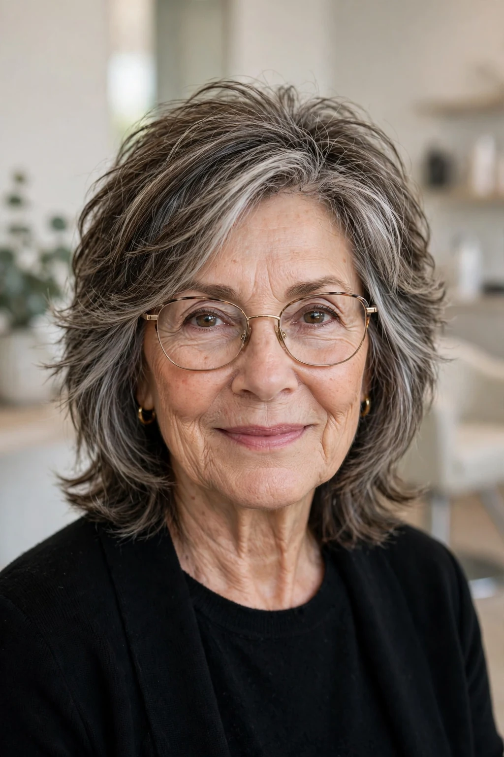 Elegant older woman with glasses and textured medium cut, modern piece-y layers, natural light.
