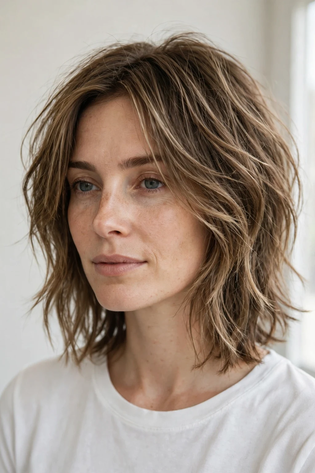 Woman with textured medium cut, piece-y modern layers, natural light.
