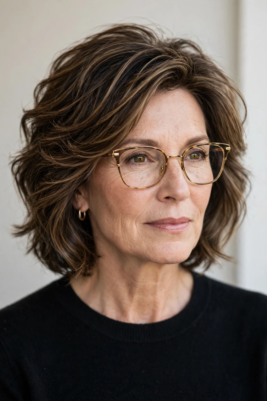 Elegant woman over 50 with glasses and textured medium-length cut, modern dimensional hair, natural light.