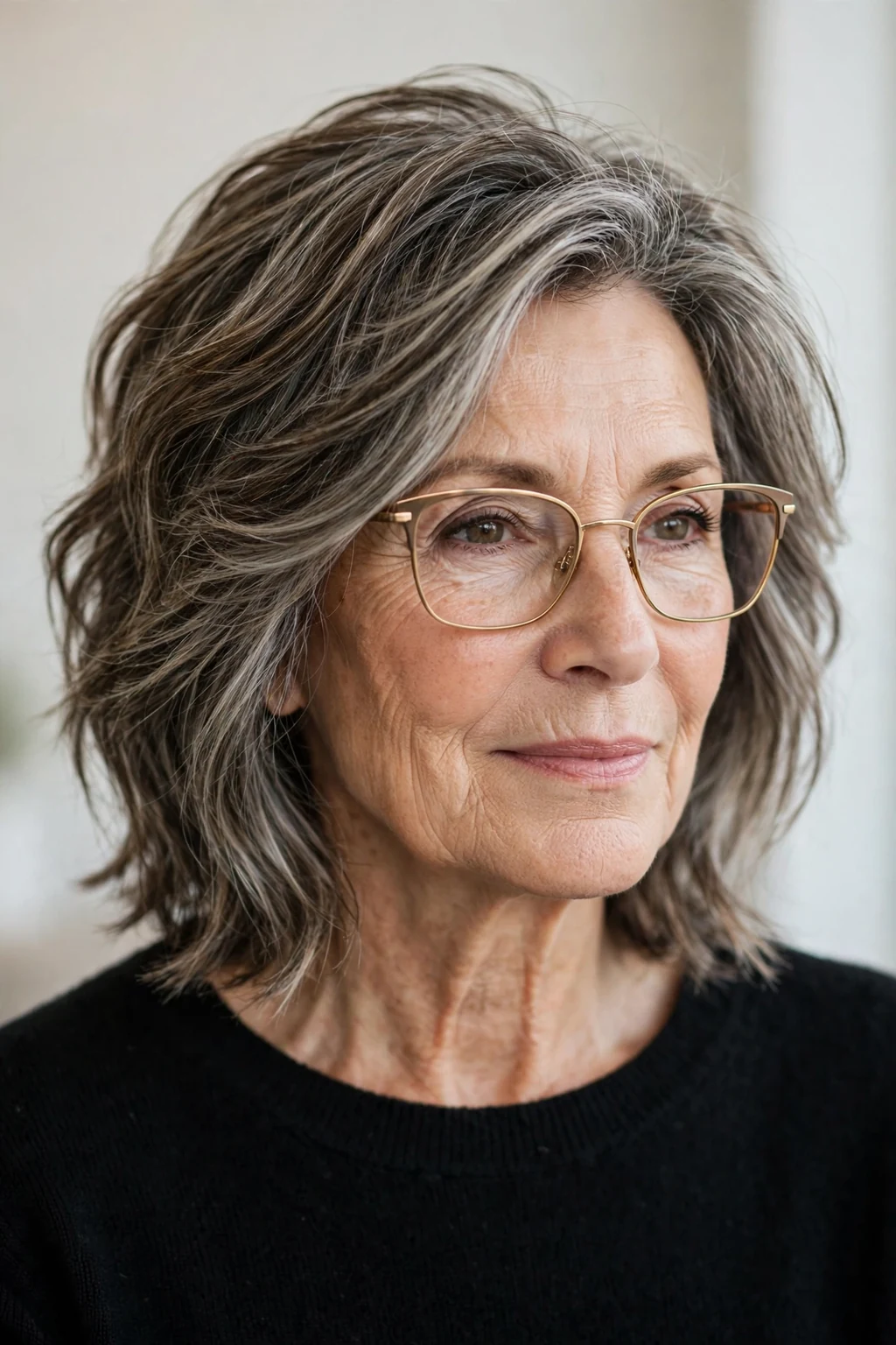 Elegant woman over 60 with glasses and textured medium-length cut, modern dimensional hair, natural light.