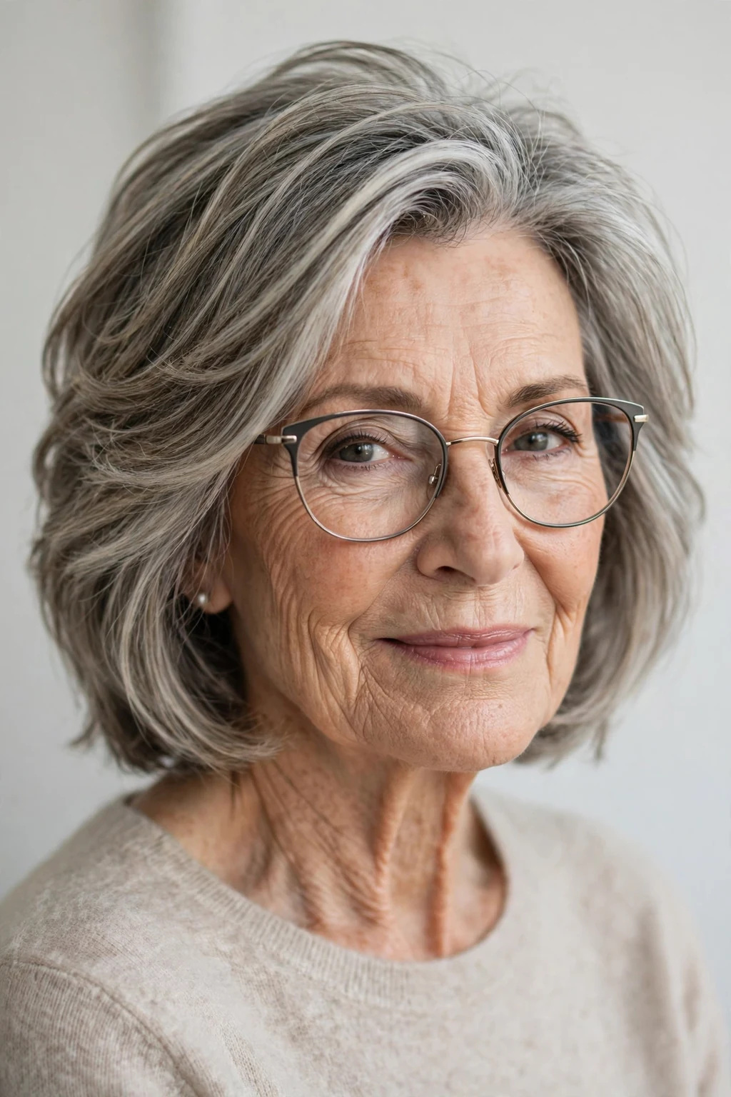 Elegant woman over 70 with glasses and textured medium-length cut, modern dimensional hair, natural light.
