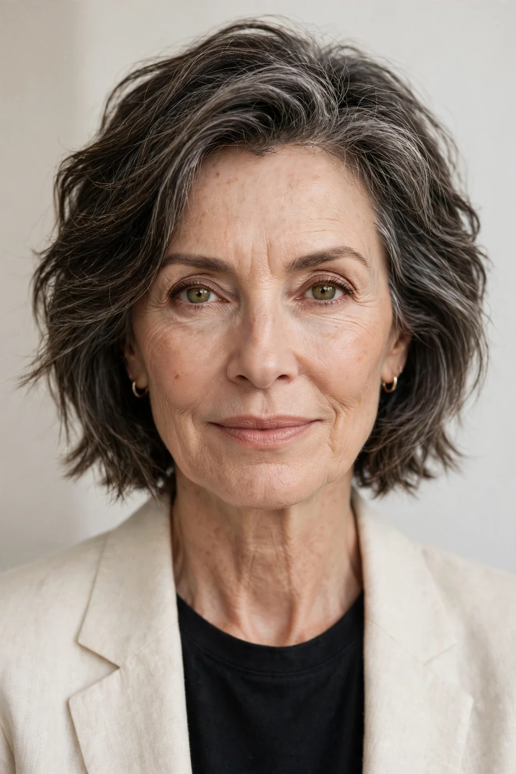 Elegant woman over 60 with textured medium lob, modern chic cut, confident light.
