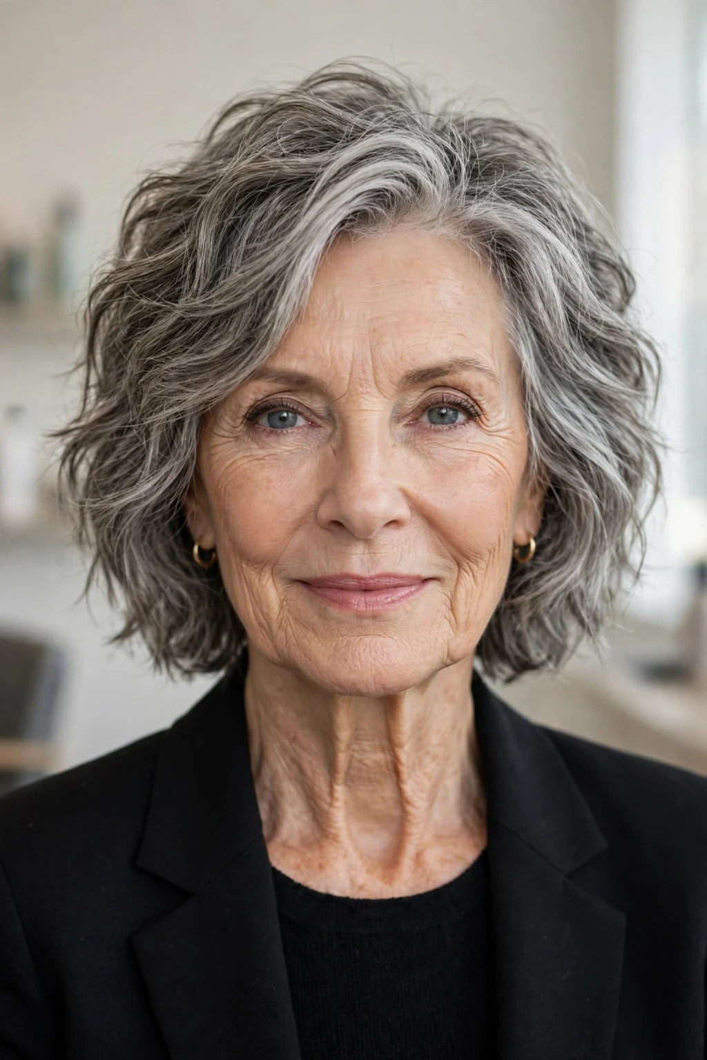 Elegant woman over 70 with textured medium lob, modern chic cut, confident light.