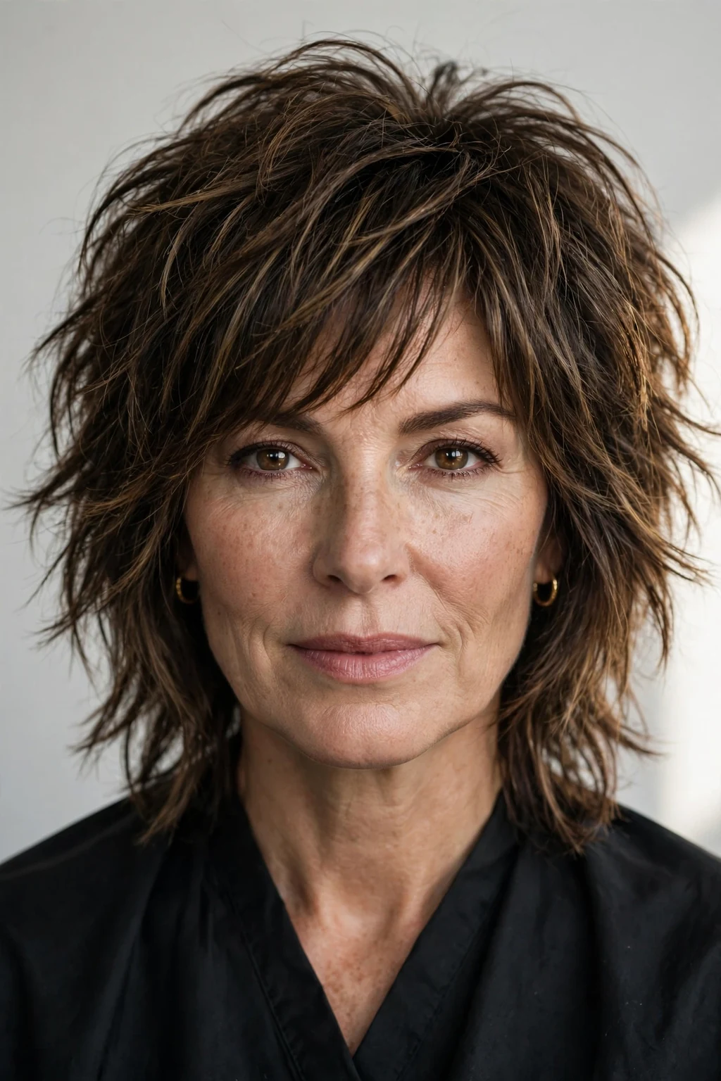 Woman over 40 with textured medium shag, piece-y confident layers, edgy soft light.