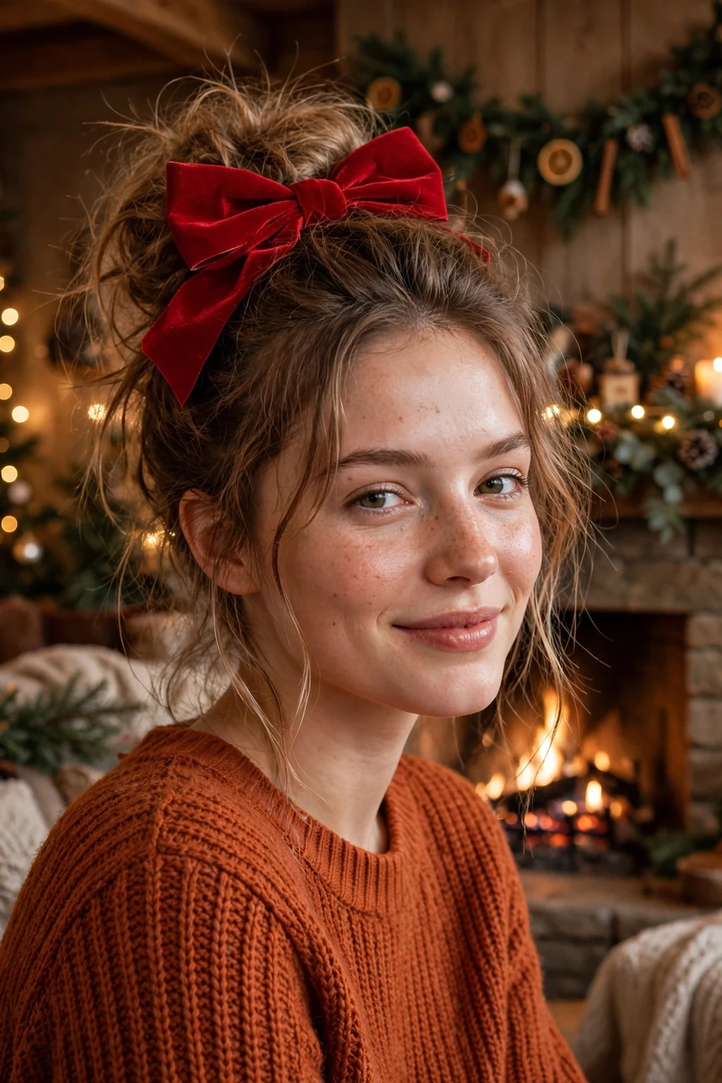 Young woman with a textured messy bun and velvet bow, wearing a rust orange dress.