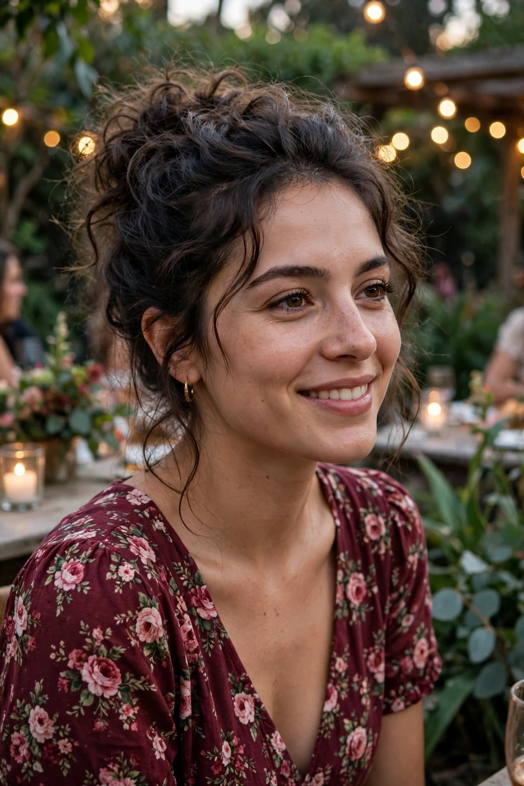 Young woman with a textured messy updo at a garden party, wearing a floral burgundy dress.