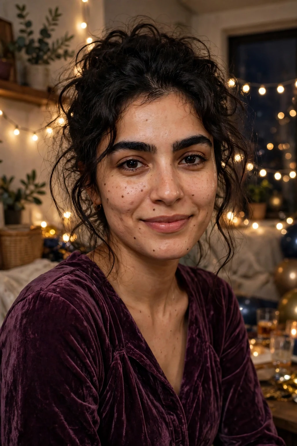 Young Middle Eastern woman with a textured messy updo wearing a plum jumpsuit at an apartment party.