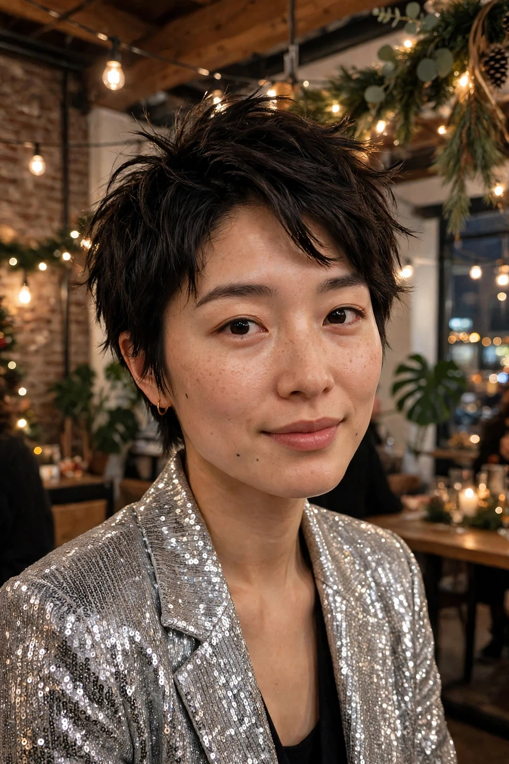 A young woman with a textured party pixie at a holiday party, wearing a silver sequin blazer.