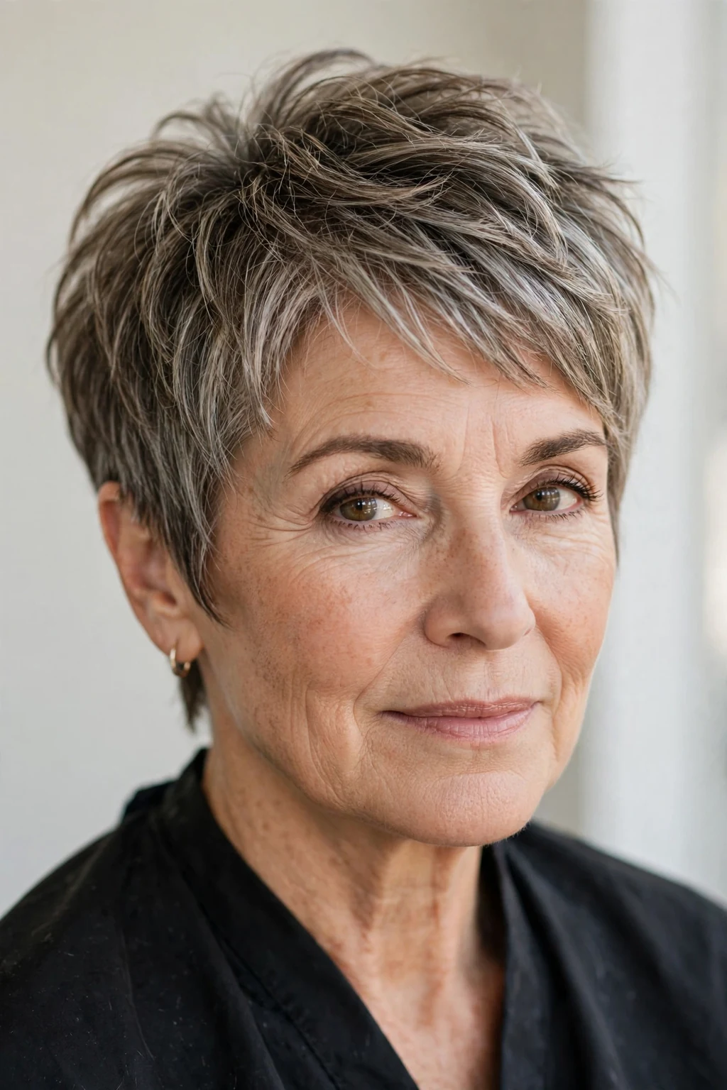 Elegant woman over 50 with textured pixie, modern piece-y layers, natural light.