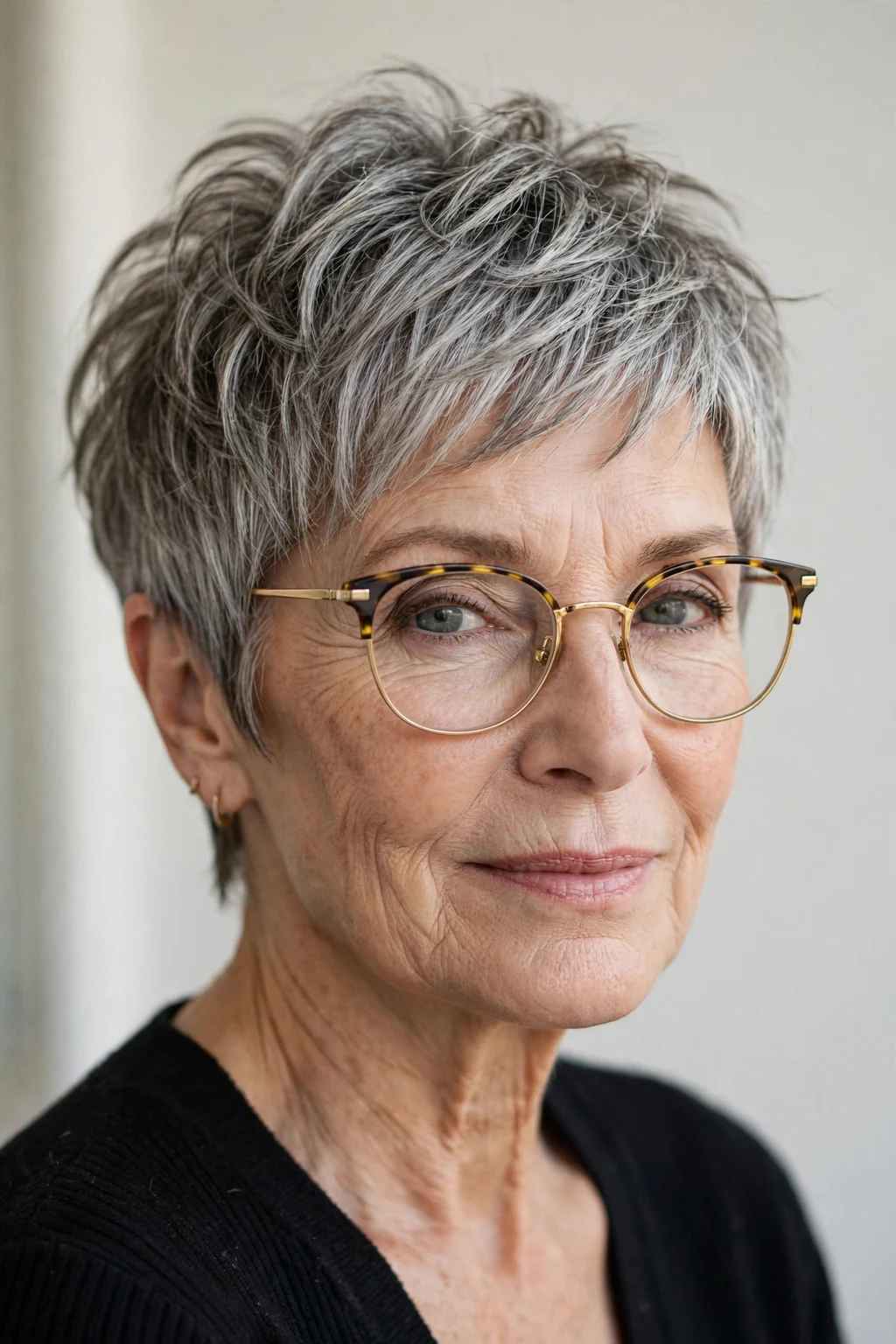 Elegant woman over 60 with glasses and textured pixie, modern piece-y layers, natural light.