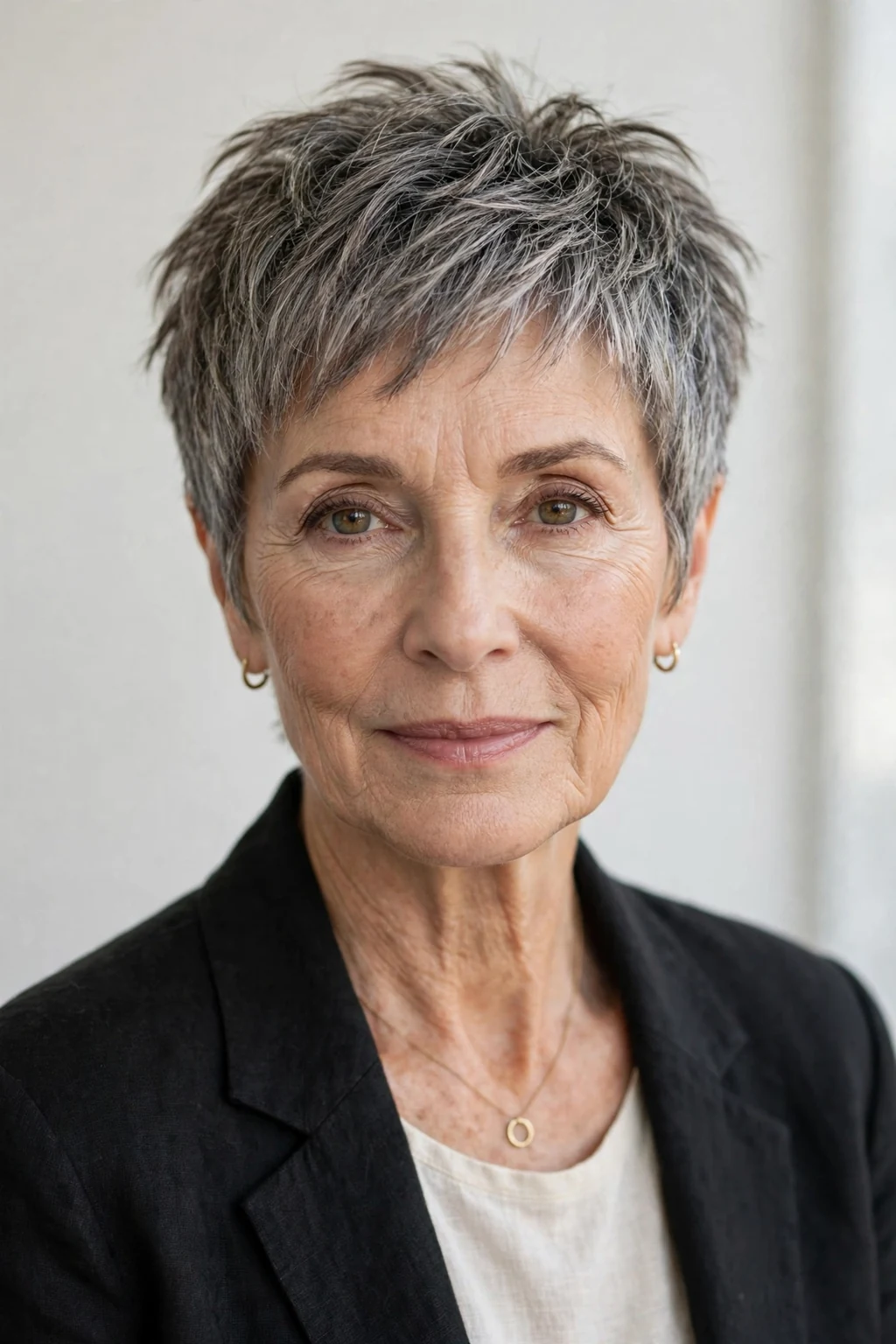 Elegant woman over 60 with textured pixie, modern piece-y layers, natural light.