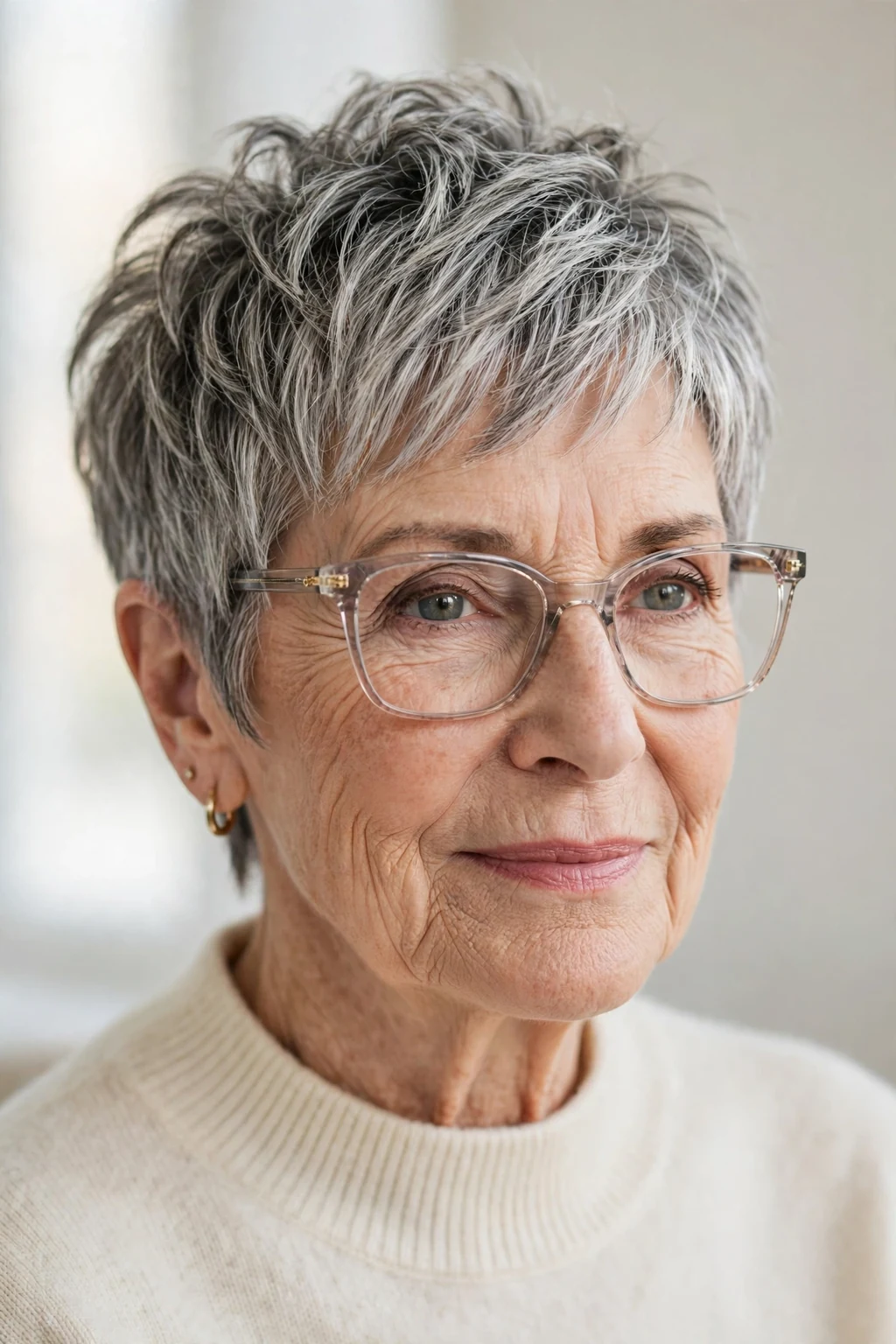 Elegant woman over 70 with glasses and textured pixie, modern piece-y layers, natural light.