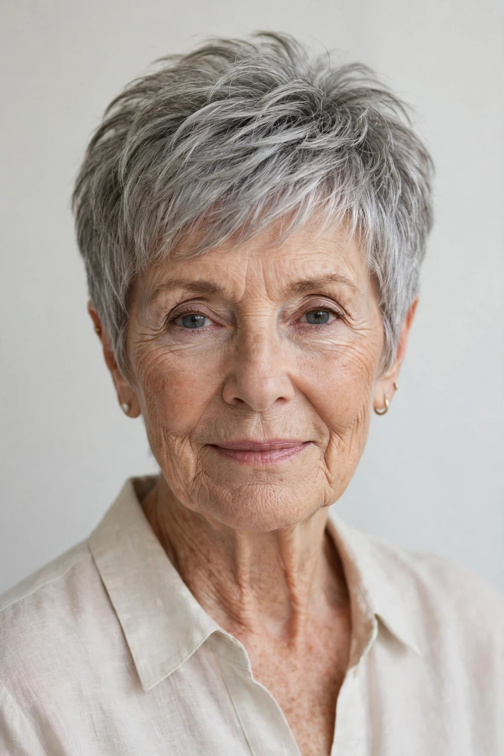 Elegant woman over 70 with textured pixie, modern piece-y layers, natural light.