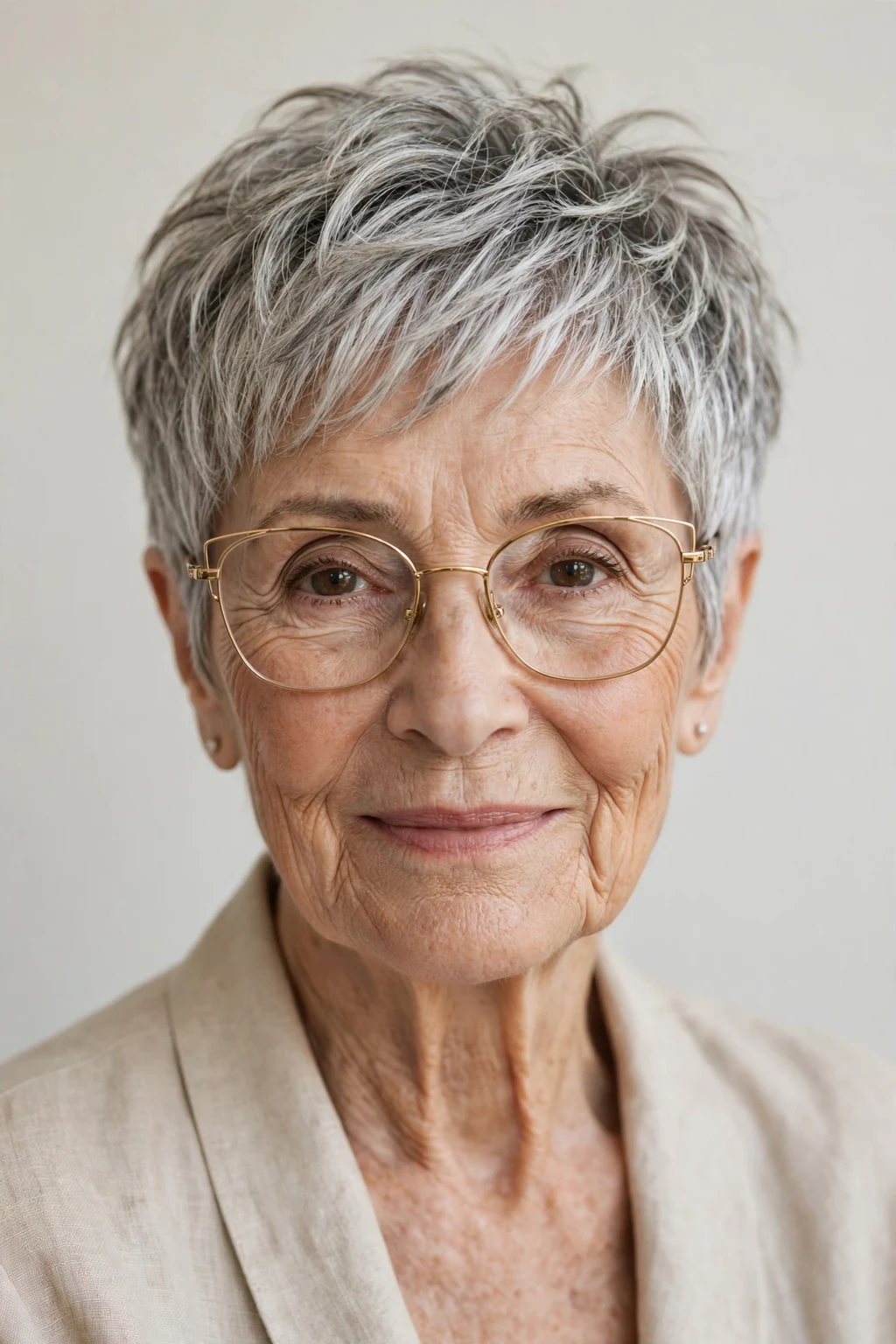 Elegant woman over 80 with glasses and textured pixie, modern piece-y layers, natural light.