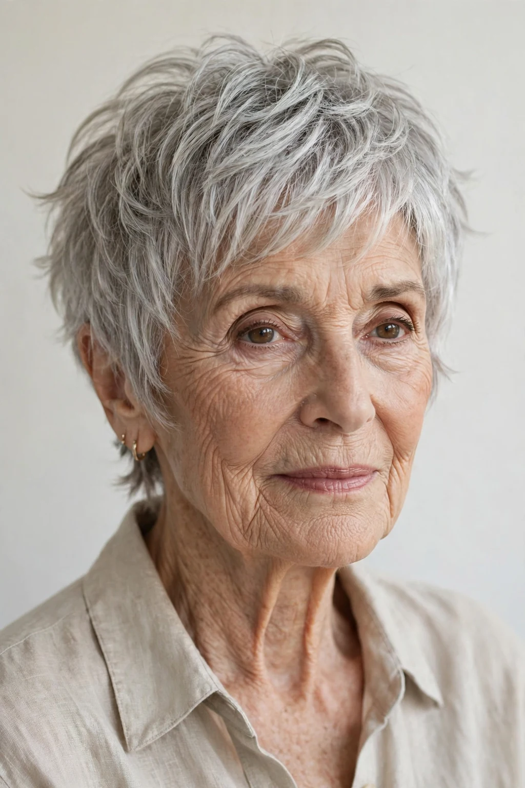 Elegant woman over 80 with textured pixie, modern piece-y layers, natural light.