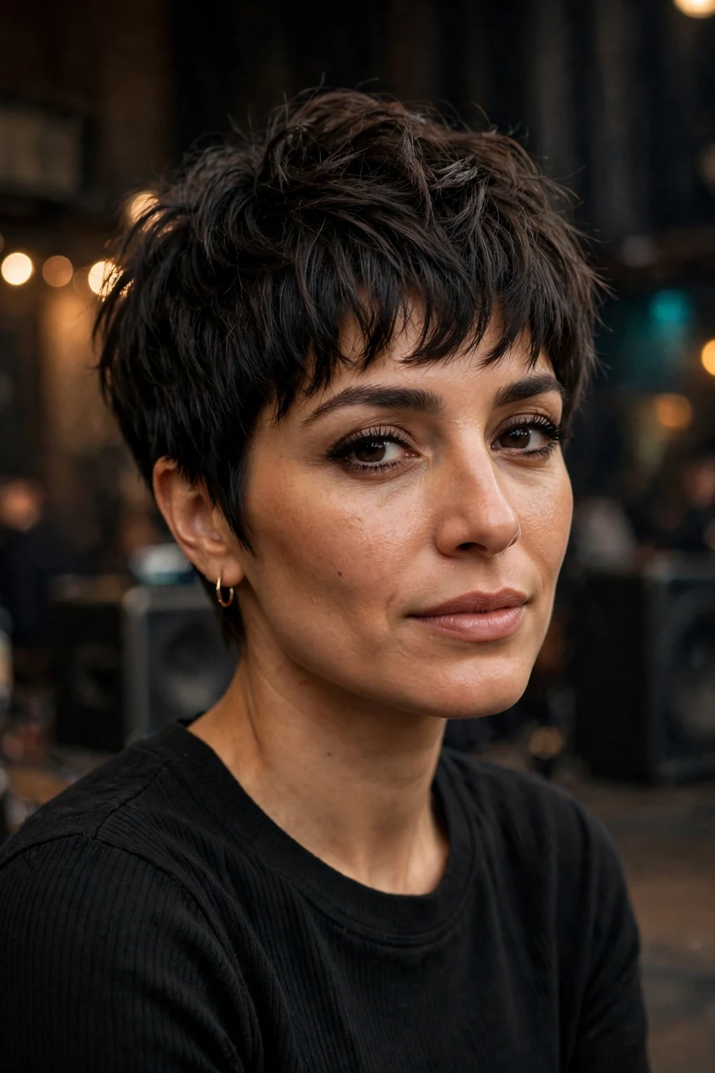 Beautiful woman with textured pixie bangs, modern textured pixie bangs, dynamic light.