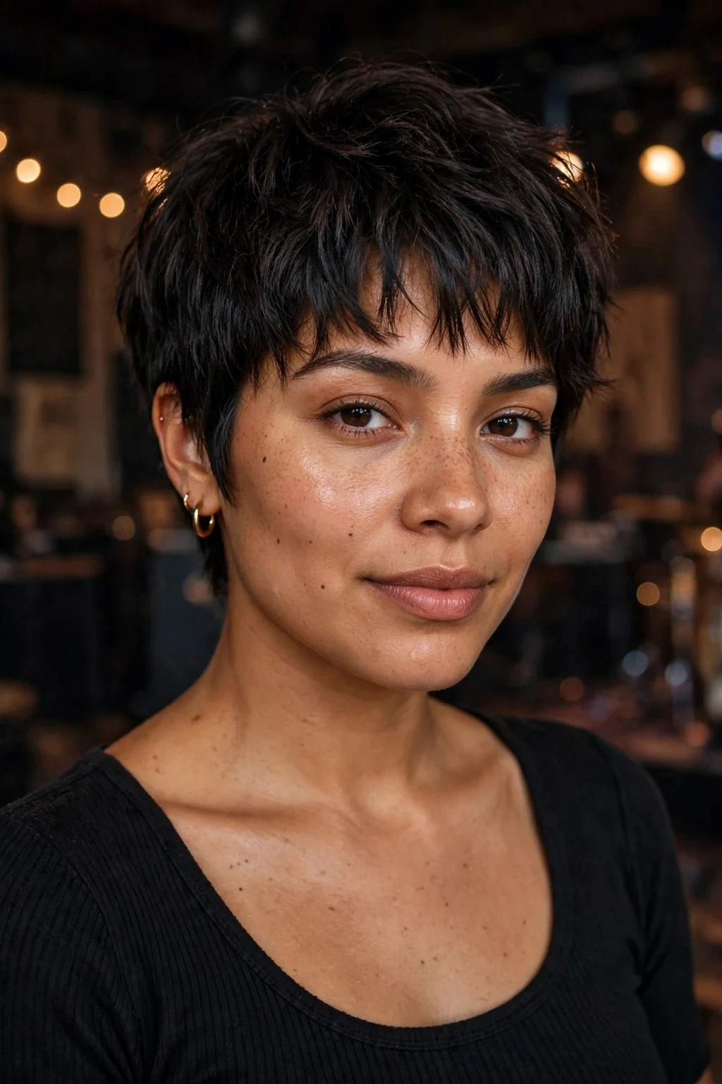 Beautiful woman with textured pixie bangs, modern textured pixie bangs, dynamic light.