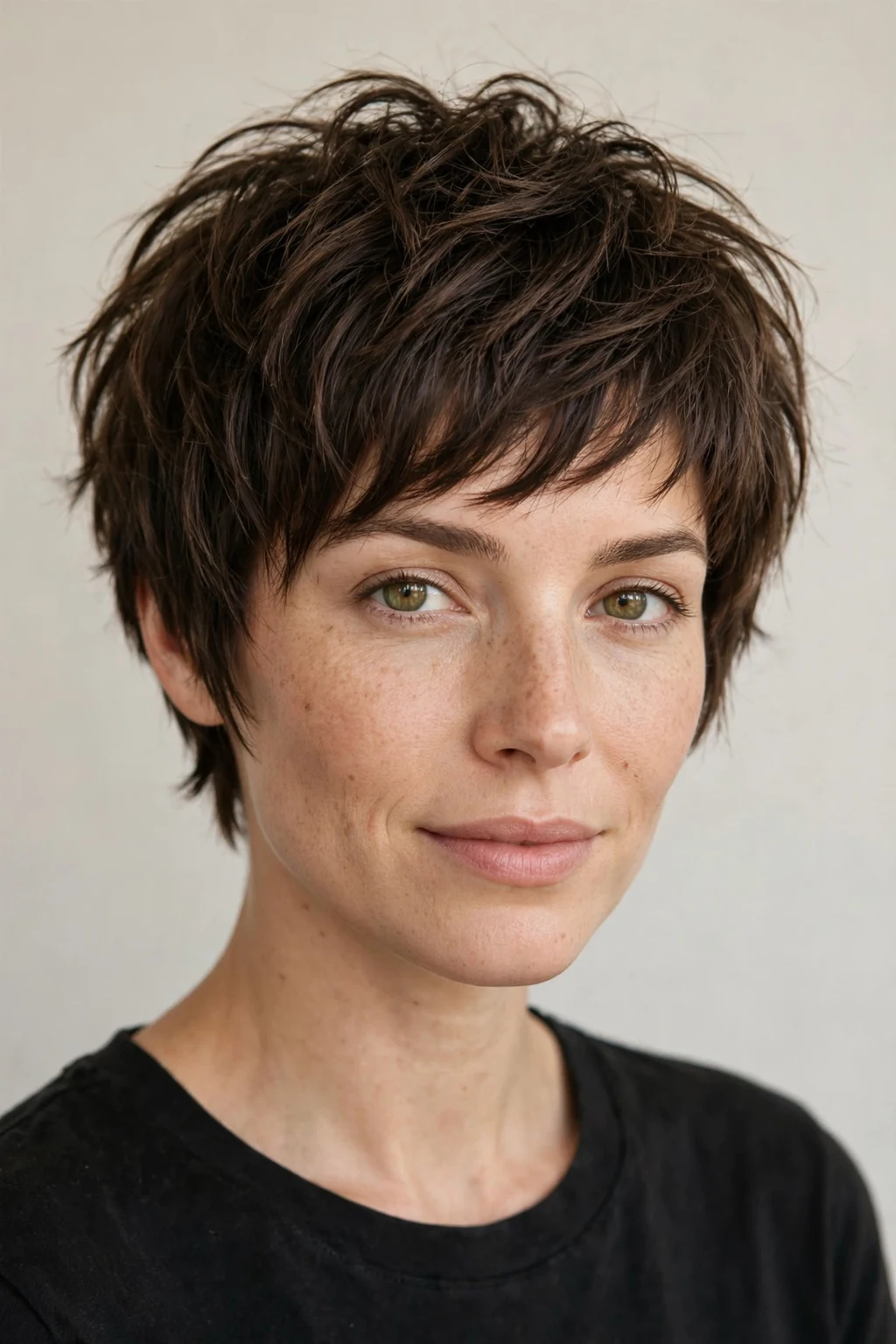Woman with textured pixie bob, piece-y layers with movement, natural light.