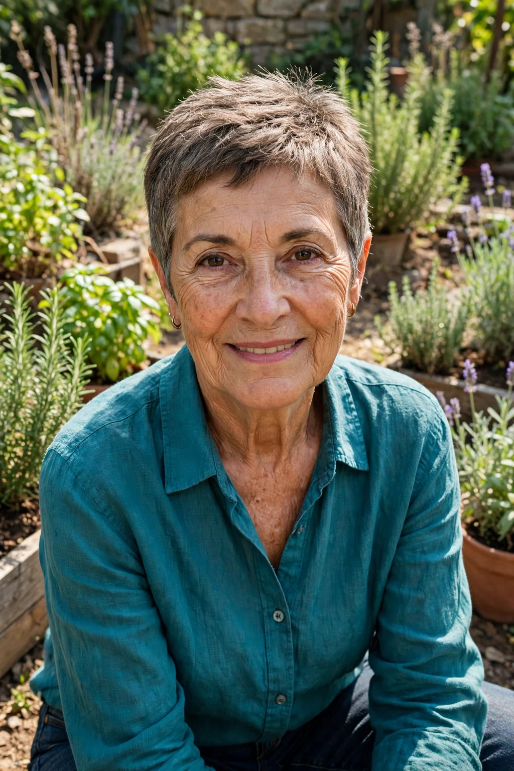 Mature woman with a textured pixie crop short haircut for fine hair, styled with soft volume.