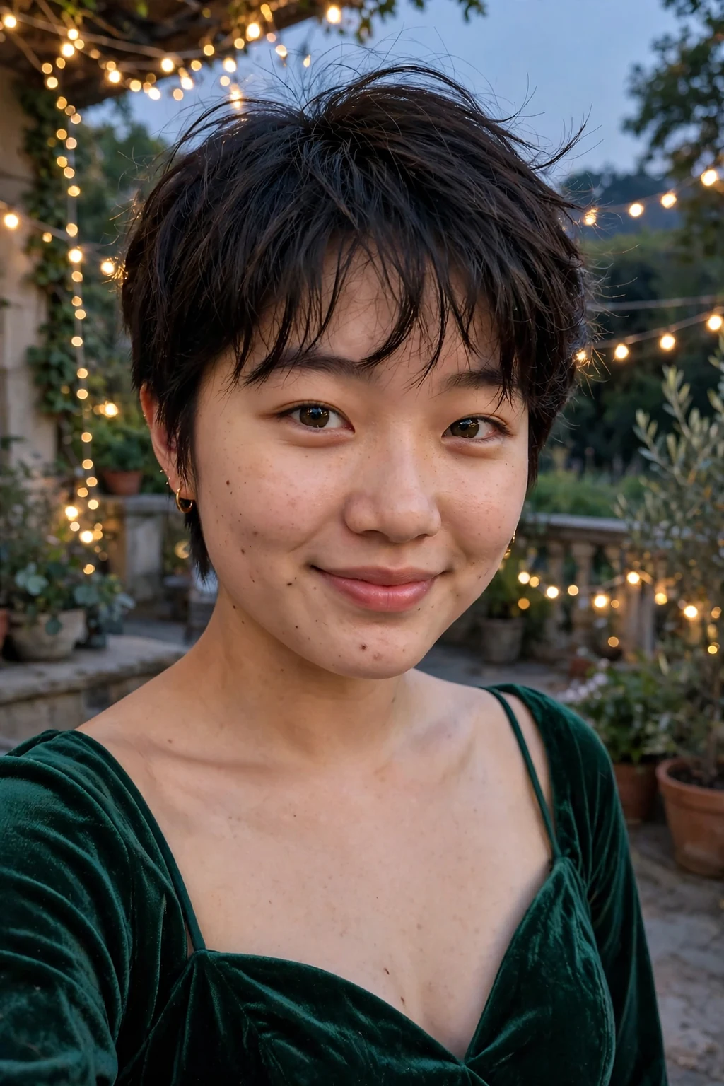 Young woman aged 18 to 20 with textured pixie cut hairstyle for prom, a garden terrace at dusk with fairy lights.