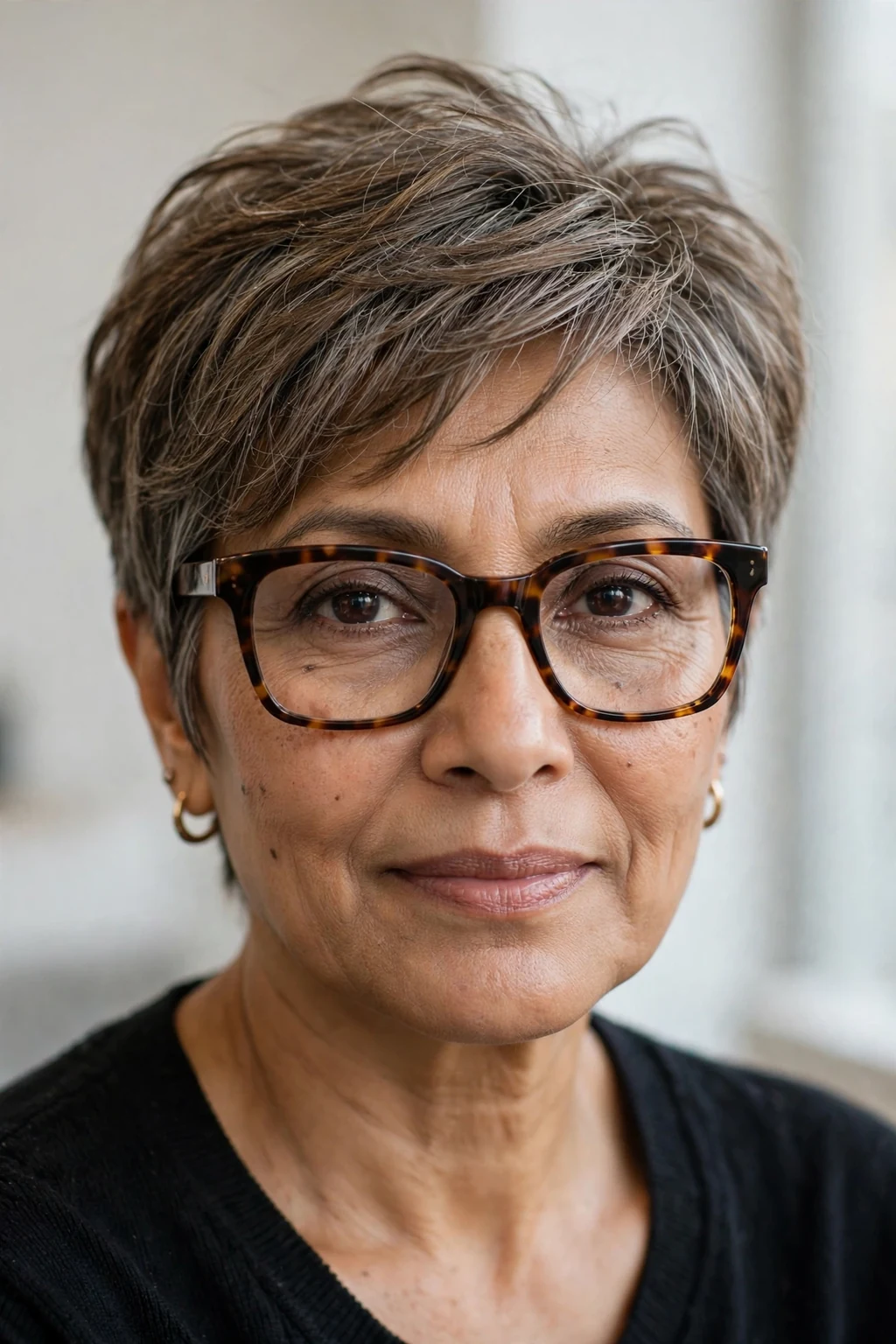Elegant woman over 50 with fine hair and glasses and textured pixie, modern piece-y layers, natural light.