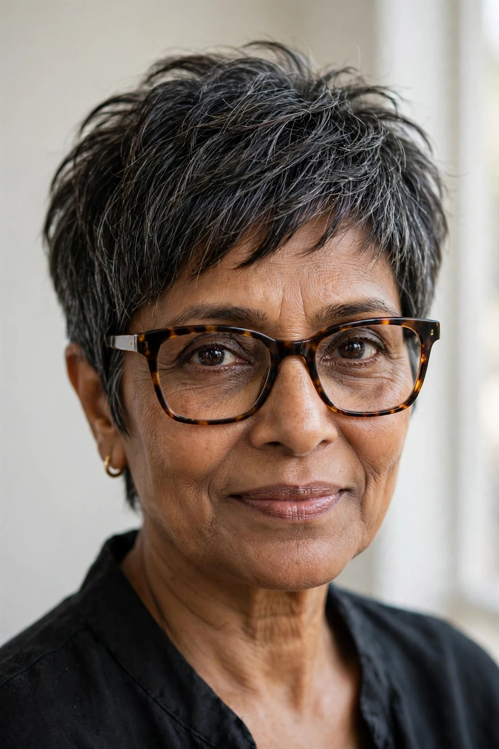 Elegant older woman with fine hair and glasses and textured pixie, modern piece-y layers, natural light.