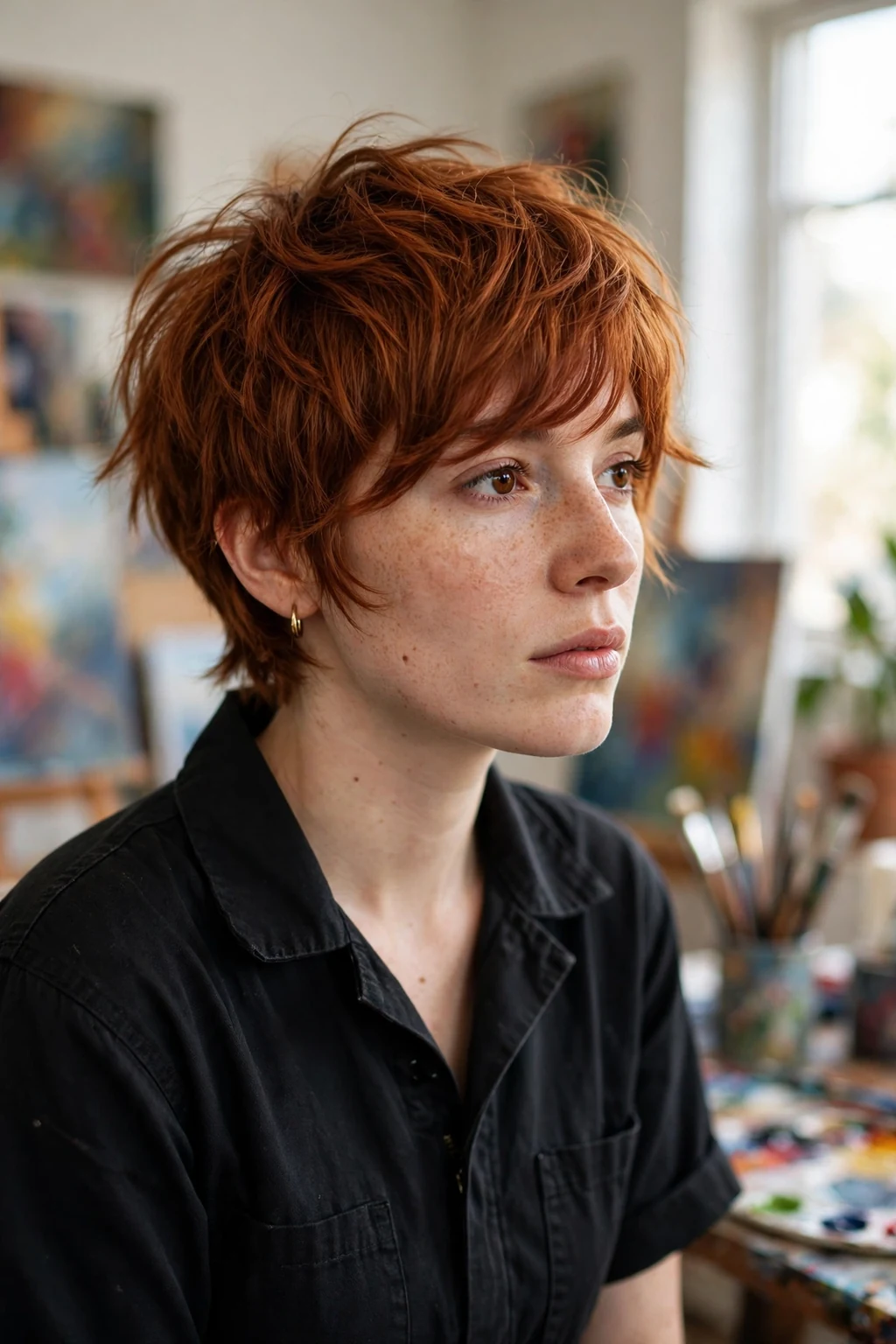A young woman with a textured pixie cut and long sweeping fringe, in an art studio wearing a black jumpsuit.