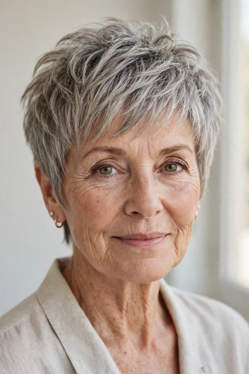 Elegant older woman with textured pixie, modern piece-y layers, natural light.