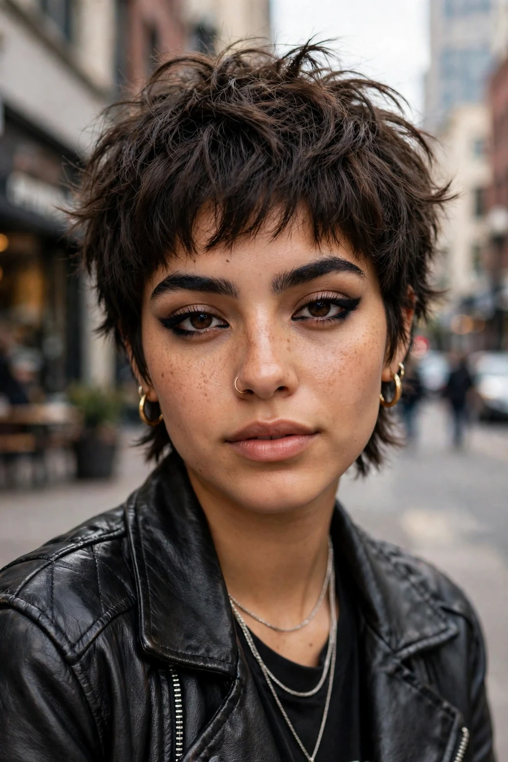 Beautiful woman with textured pixie shag, edgy pixie shag cut, bold light.