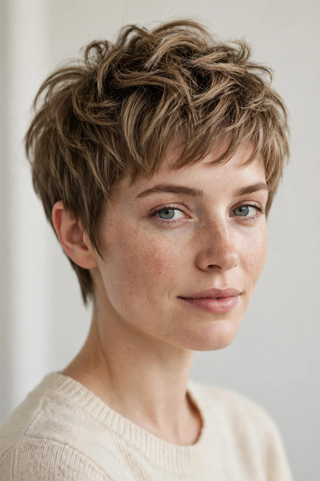 Woman with textured pixie for fine hair, piece-y volume, soft salon light.