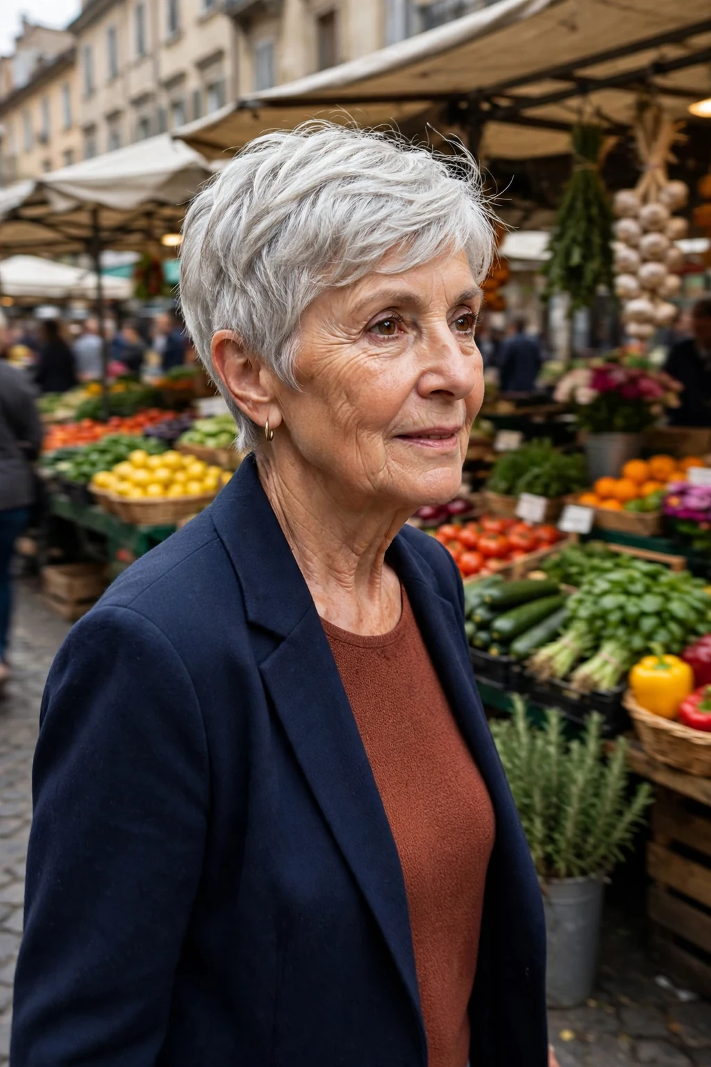 Mature woman over 50 with a textured pixie with side sweep haircut for fine thin hair, styled and full of volume.