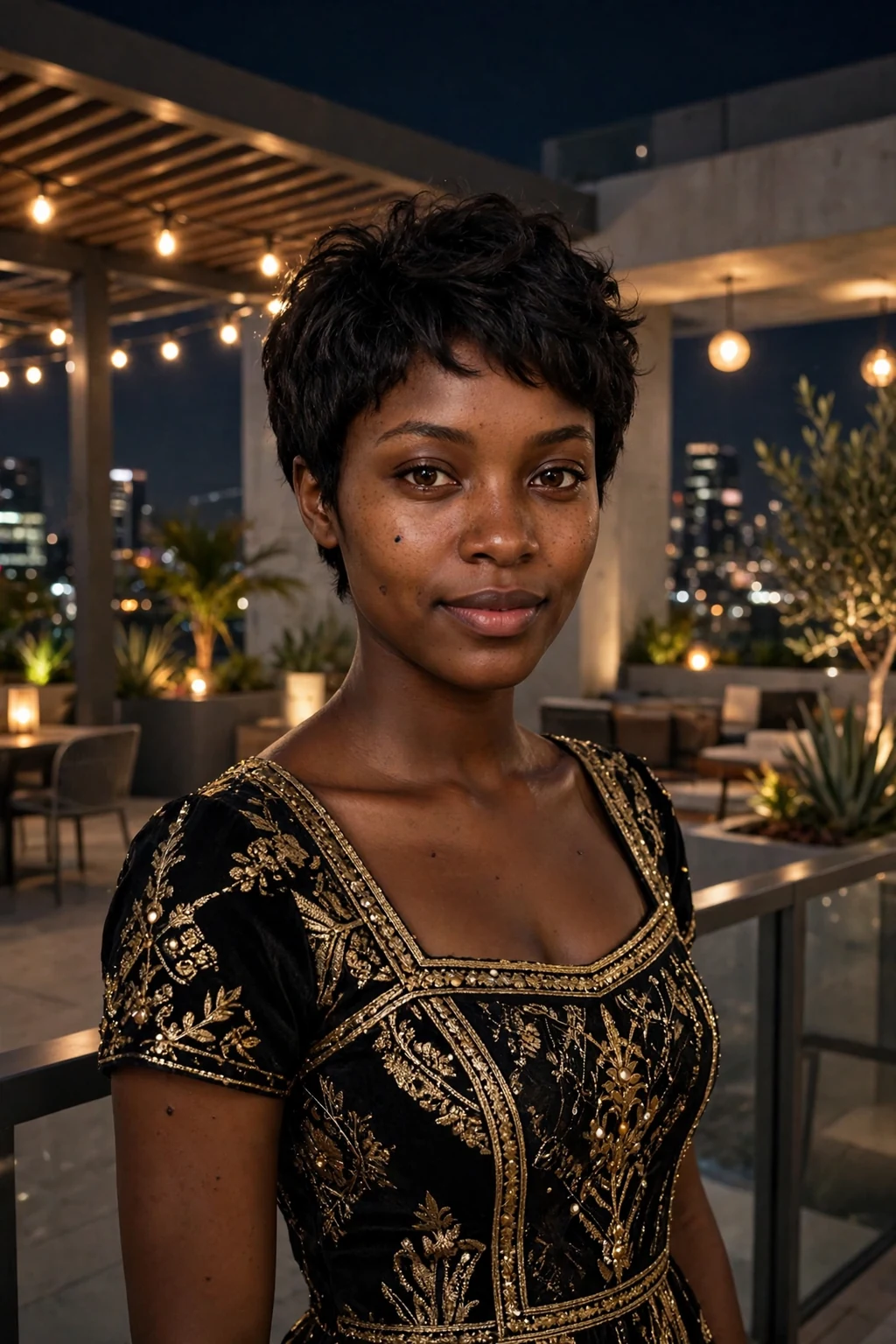 Young woman with a textured pixie with soft volume at a wedding, wearing a black and gold dress.