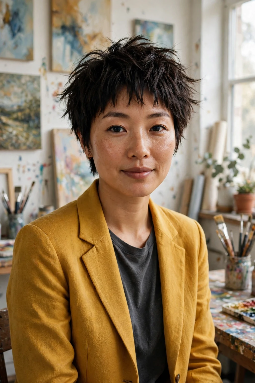 Young woman with a textured pixie, piecey choppy layers on top, in a bright art studio.