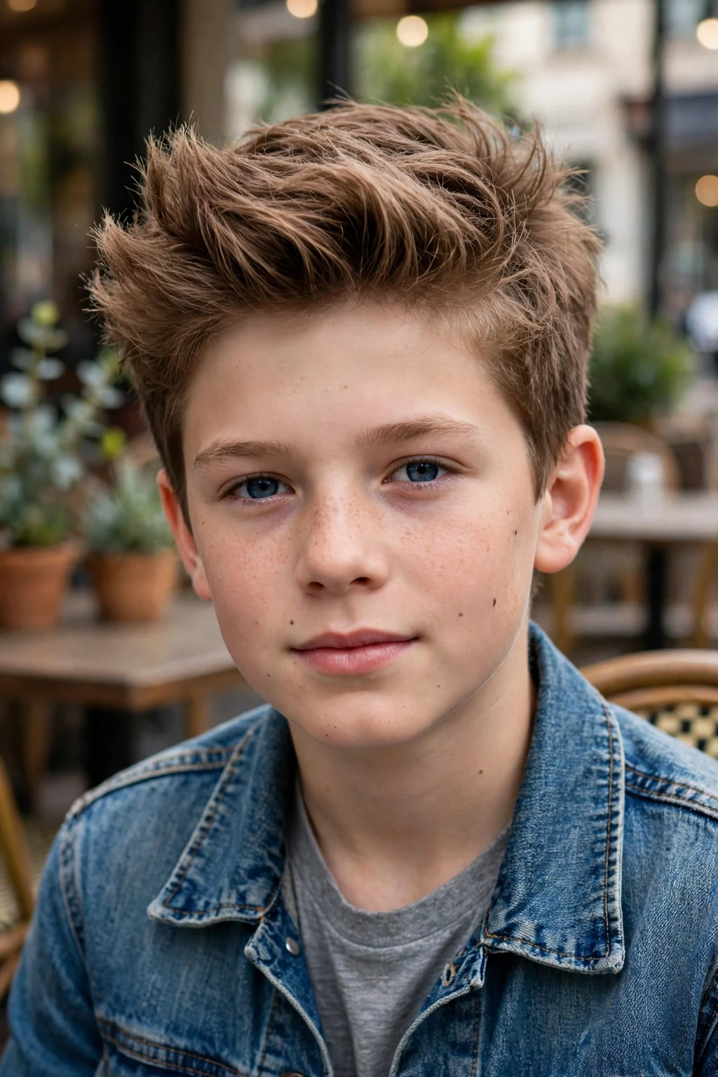 An older boy with a textured quiff haircut, voluminous textured hair swept up at the front, on a cafe patio wearing a denim jacket over a gray T-shirt.