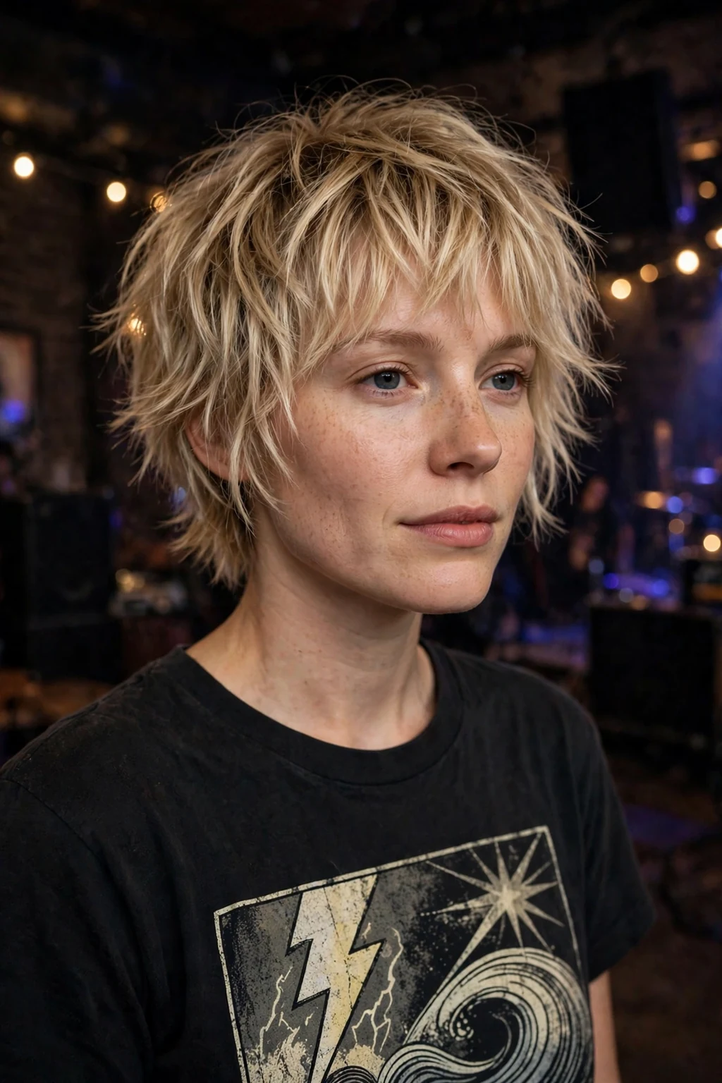 Beautiful woman with fine hair and textured shag, bold textured shag, dynamic light.