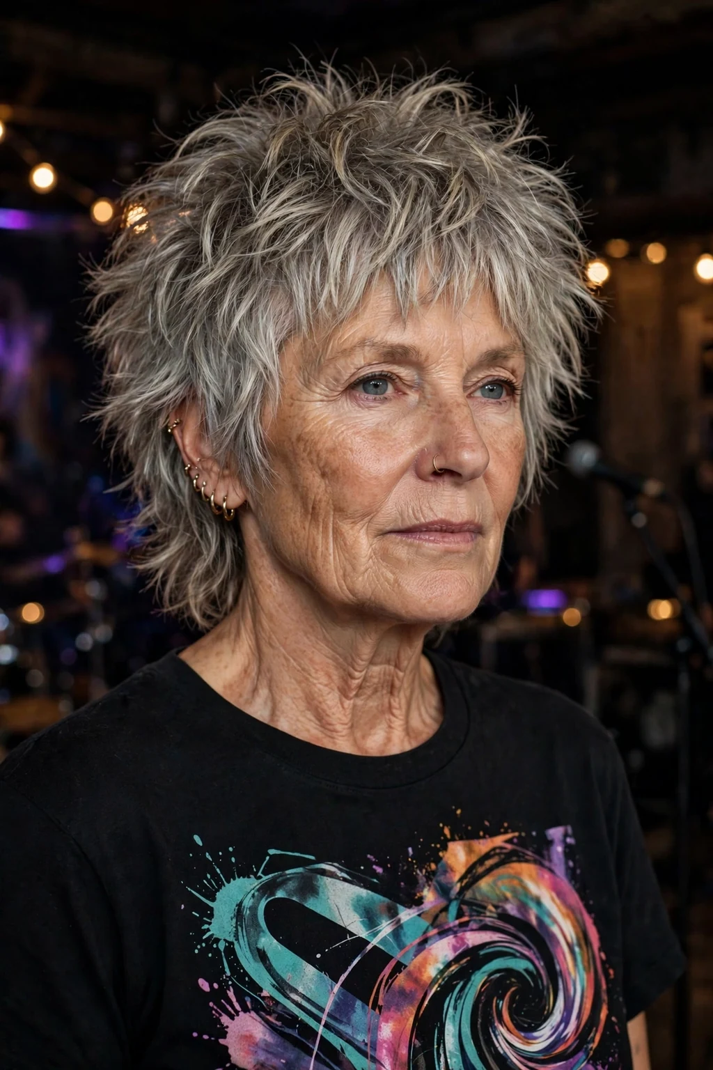 Beautiful woman over 60 with textured shag, bold textured shag, dynamic light.